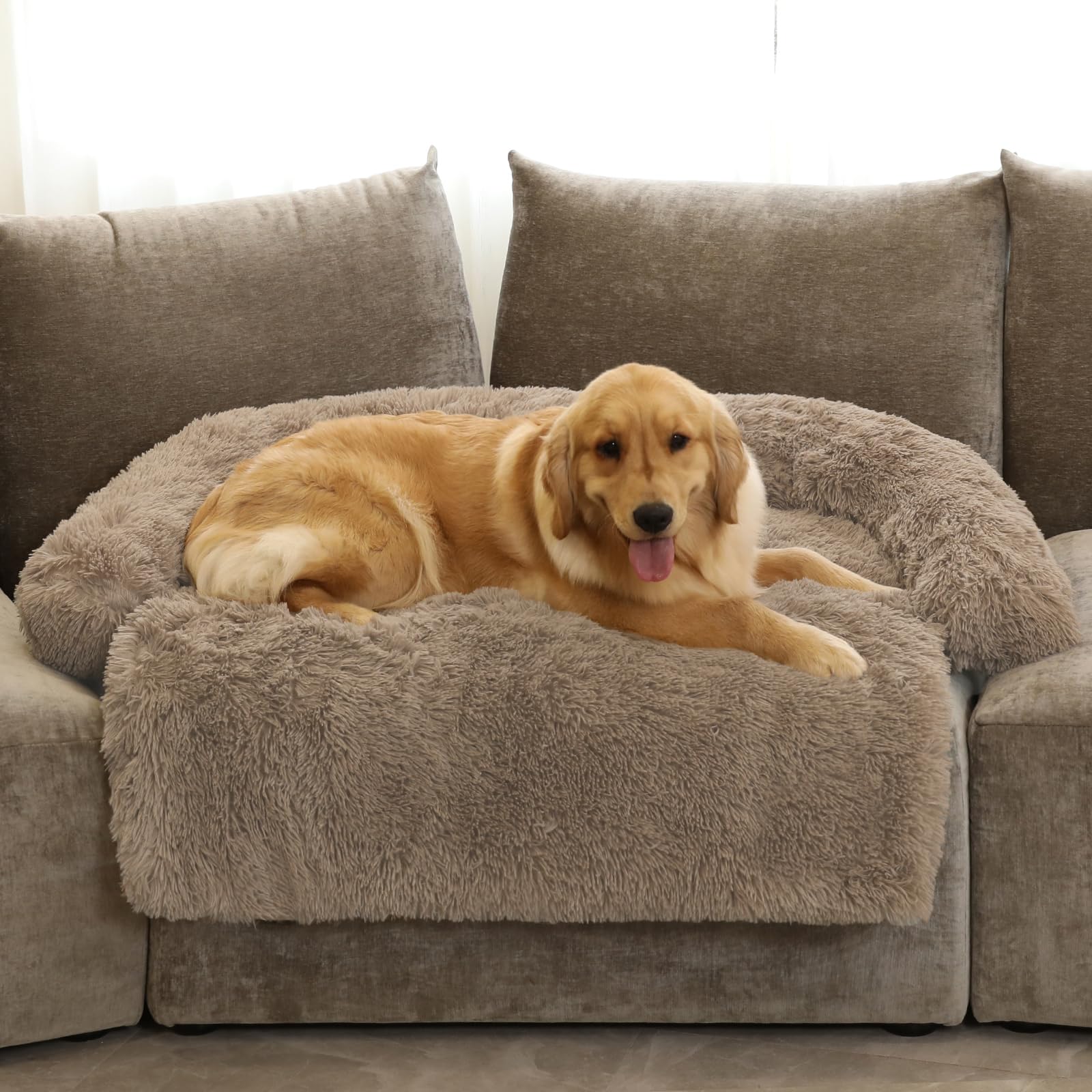 Calming Dog Bed Fluffy Plush Dog Mat For Furniture Protector With Removable Washable Cover For Large Medium Small Dogs And Cats (Extra Large (53X39.3X6), Camel)