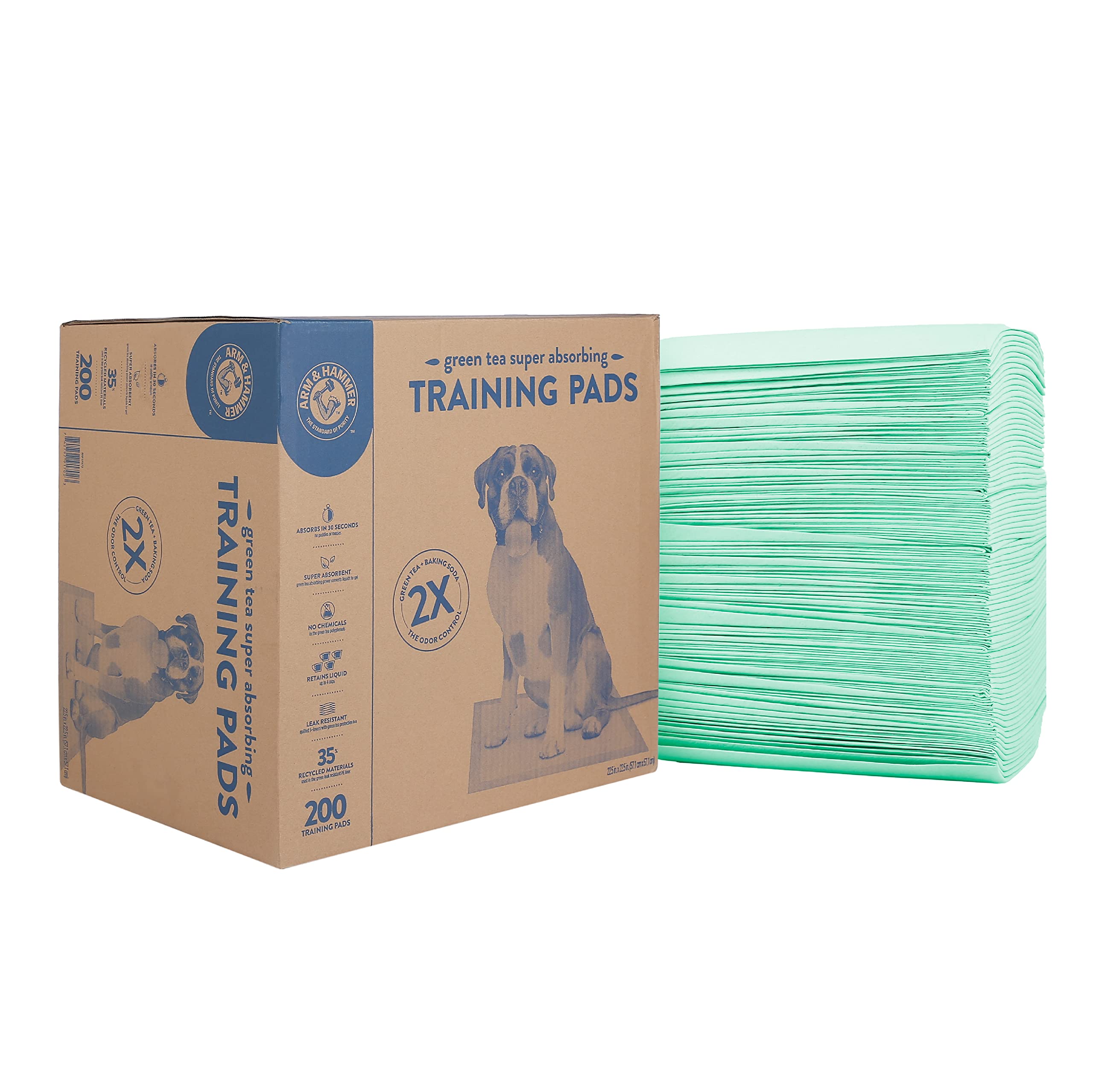 Arm&Hammer Green Tea Pet Training Pads 200Ct Dog Training Pads with Super Absorbing Green Tea and Arm&Hammer Baking Soda for 2X 