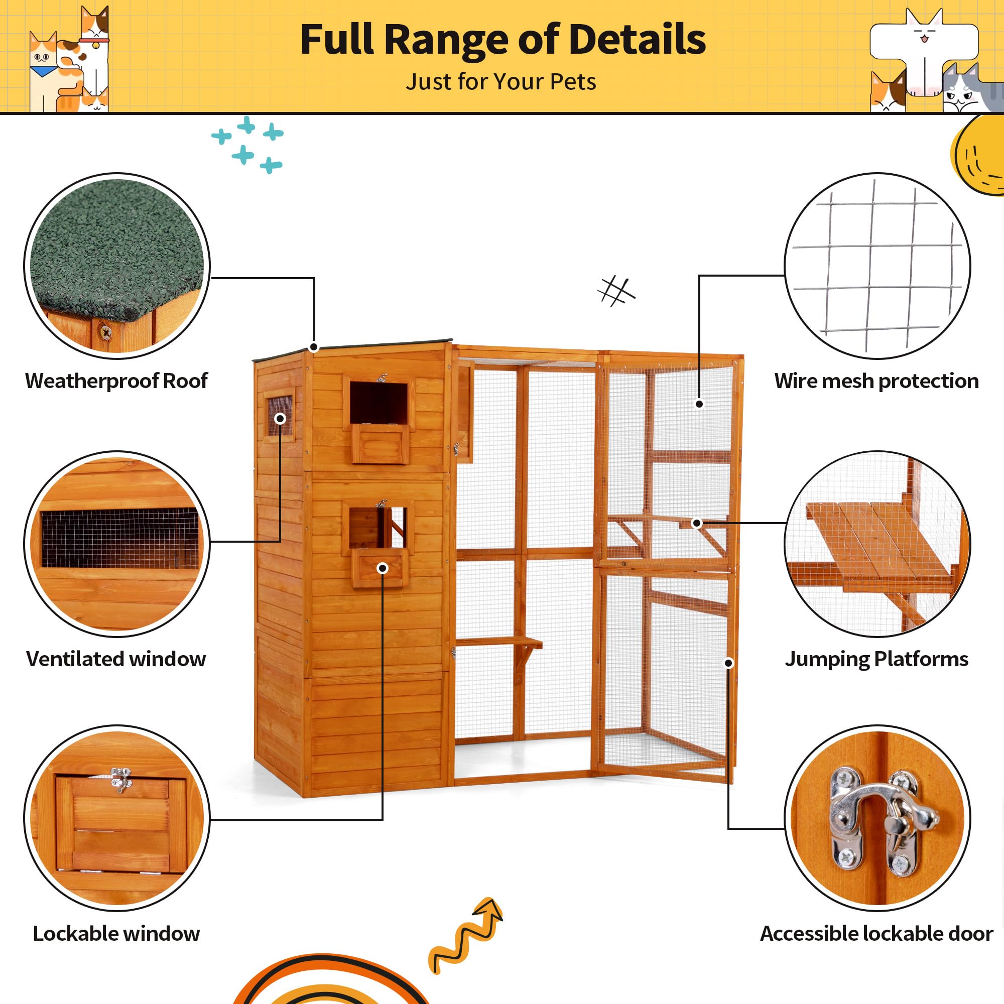 Coziwow Large Wood Cat Catio, Outdoor Enclosure With Weatherproof Roof, 2 Resting Rooms, 2 Platforms, 4-Tier Cat Playpen, Orange