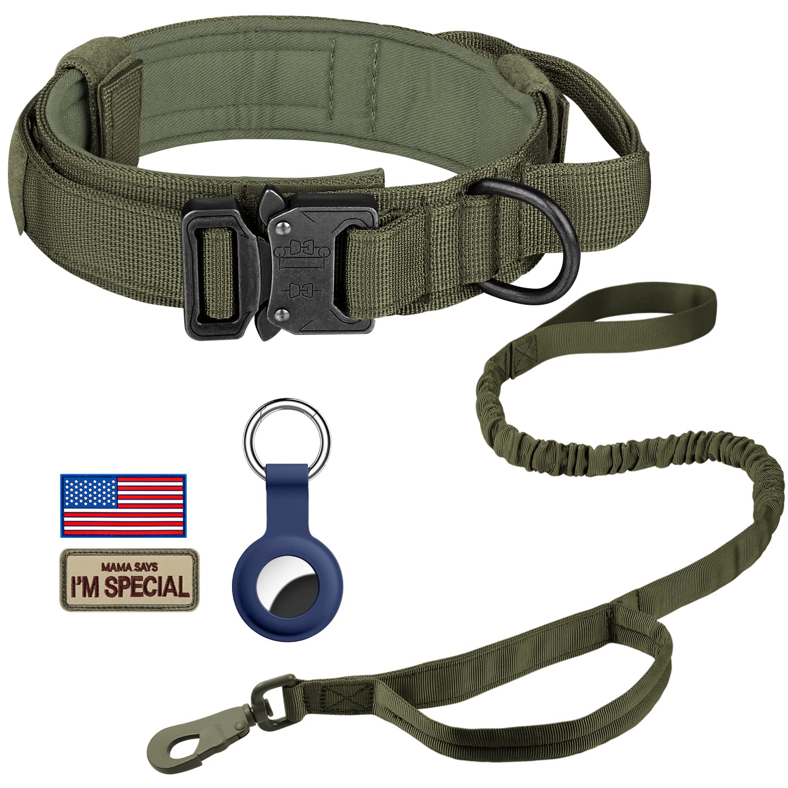Daganxi Tactical Dog Collar, Adjustable Military Training Nylon Dog Collar With Control Handle And Heavy Metal Buckle For Medium And Large Dogs, With Patches And Airtags Case (Xl, Green-Set)
