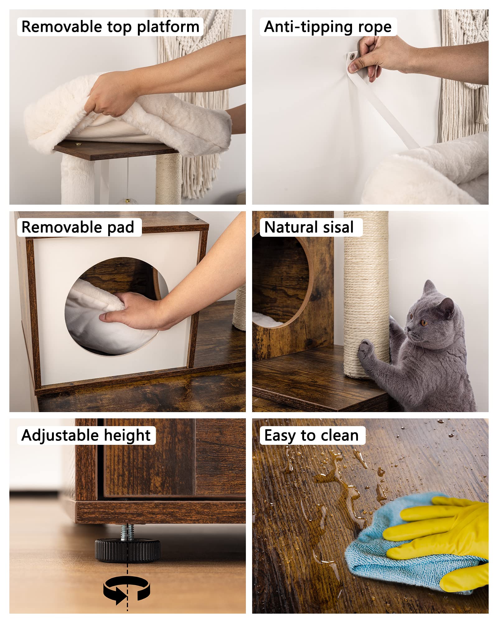 Fourfurpets Multipurpose Cat Litter Box Enclosure With Cat Tree And Condo, Side Table, With Large Platform, Cat House, Full Sisal Posts, Removable Washable Cushion, Rustic Brown