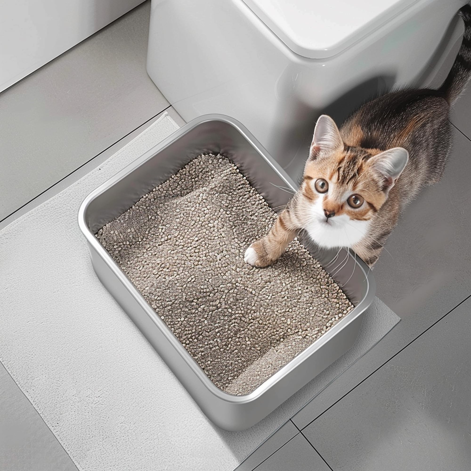Stainless Steel Cat Litter Box For Big Cats,Small Stainless Steel,Large Metal Cat Litter Box-Easy To Clean.(17.5'' L X 13.6'' W