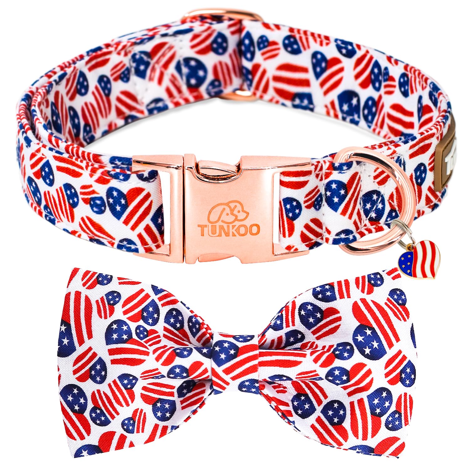 Tunkoo American Flag Dog Collar With Bow Tie Super Cute Heart, Adjustable And Stylish Pet Collar With Metal Buckle, Available In