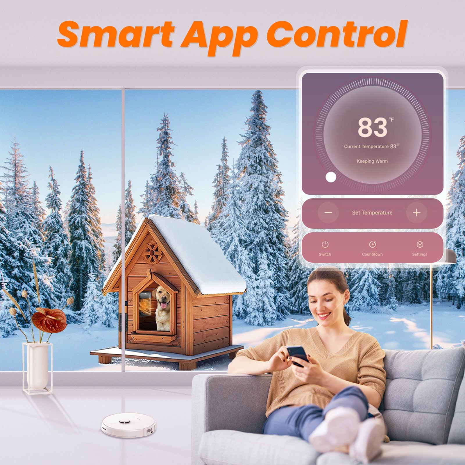 Dog House Heater,Pet House Heater With App Remote&Thermostat,41F/113F Adjustable Temp 24H Timer Outdoor Pet Safe Heaters,500W Ip