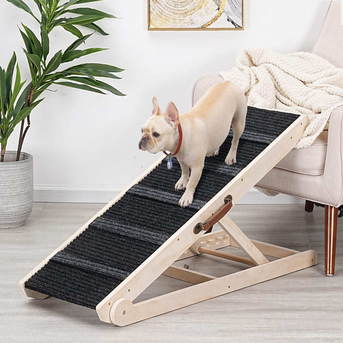 Sweetbin Wooden Adjustable Pet Ramp For All Dogs And Cats - Non Slip Carpet Surface And Foot Pads - 40' Long And Adjustable From 12” To 26” - Up To 200Lbs - Folding Dog Car Ramps For Suv, Bed, Couch