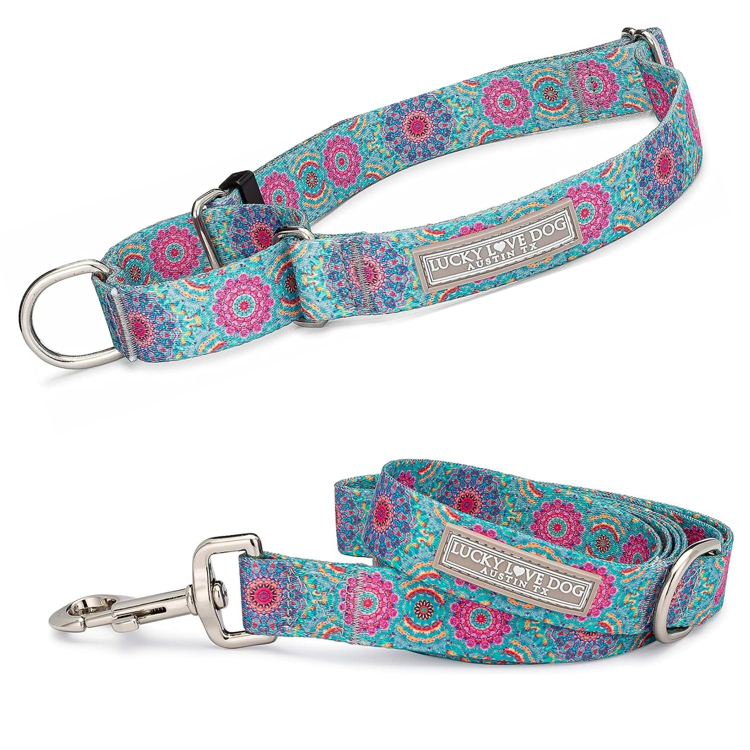 Lucky Love Dog Martingale Dog Collar & Leash - Adjustable, No-Slip, Durable, Comfortable, Soft Webbing, & Stylish Patterned Coll
