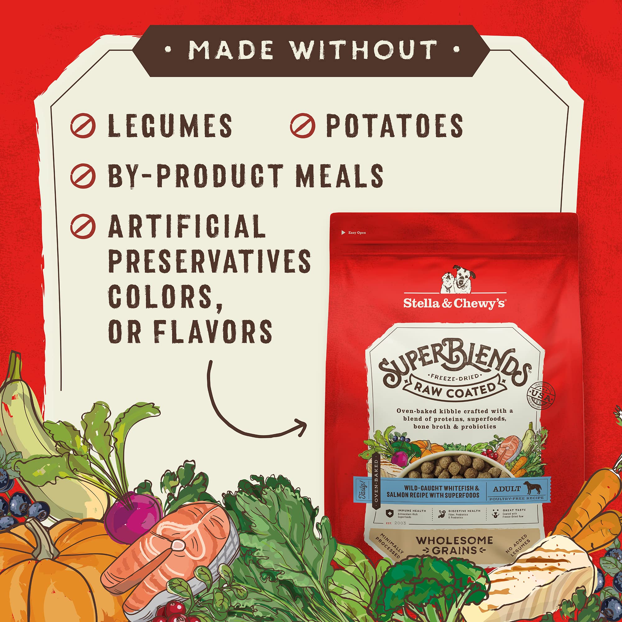 Stella & Chewys SuperBlends Raw Coated Wholesome Grains Wild-Caught Whitefish & Salmon Recipe with Superfoods, 3.5 lb. Bag