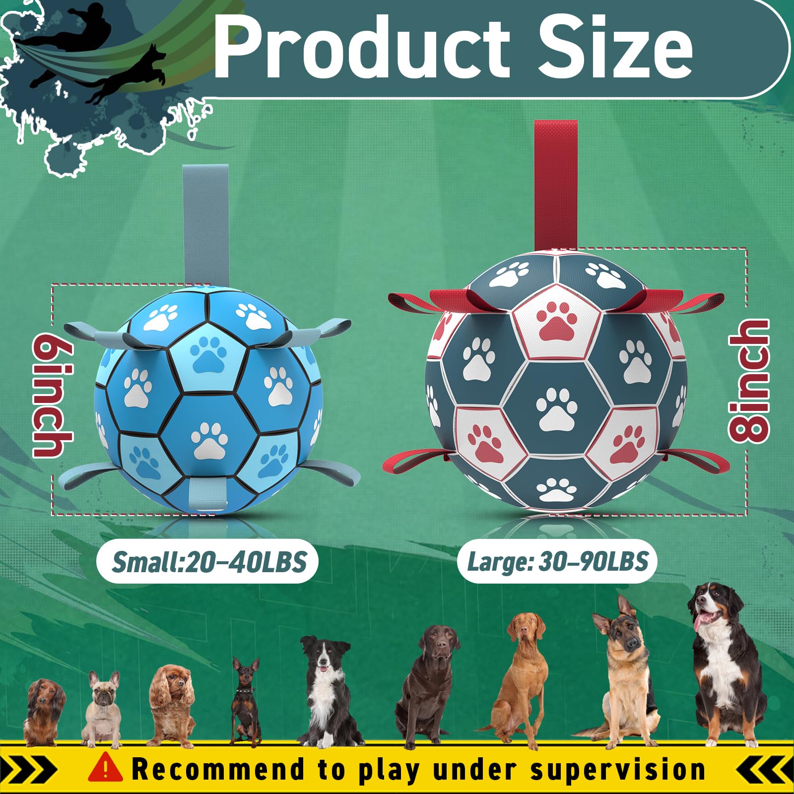 Qdan Dog Toys Soccer Ball With Straps:Durable Balls For Large Dogs, Outdoor Dog Toys, Puppy Birthday Gifts (8 Inch)