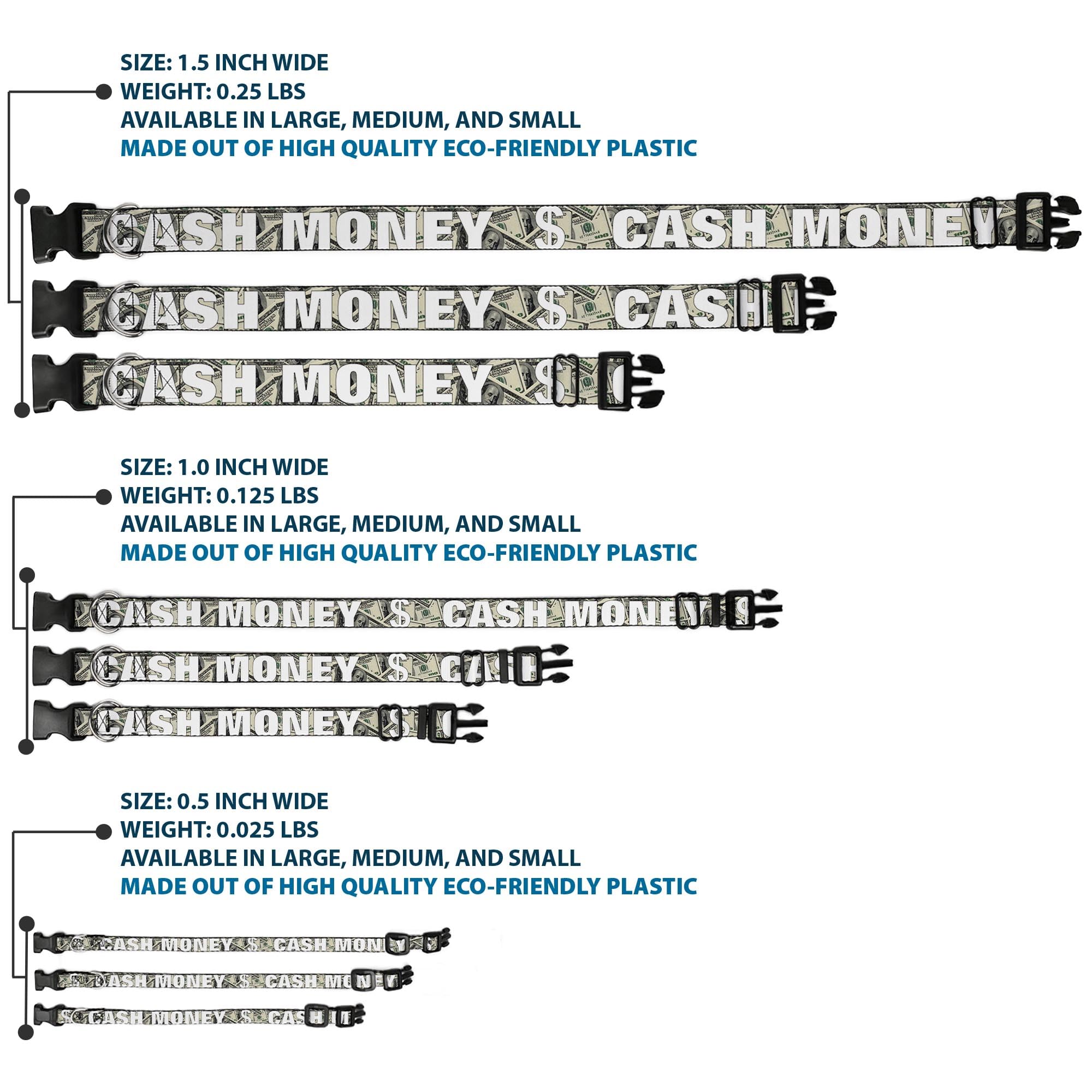 Buckle-Down 15-26'' Cash Money $ Dollars/White Plastic Clip Collar, Large