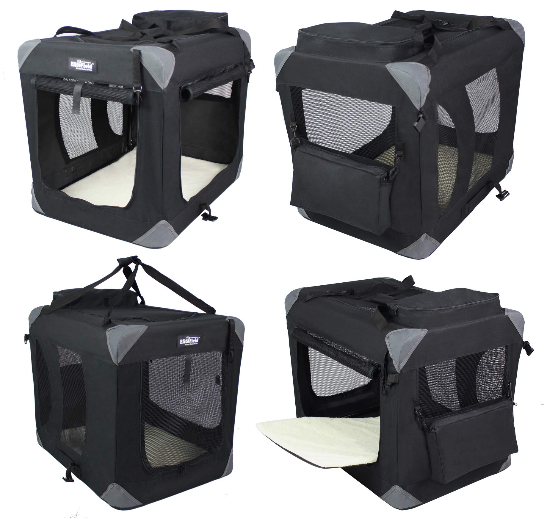 Elitefield 3-Door Folding Soft Dog Crate With Carrying Bag And Fleece Bed (2 Year Warranty), Indoor & Outdoor Pet Home (30' L X 21' W X 24' H, Black)