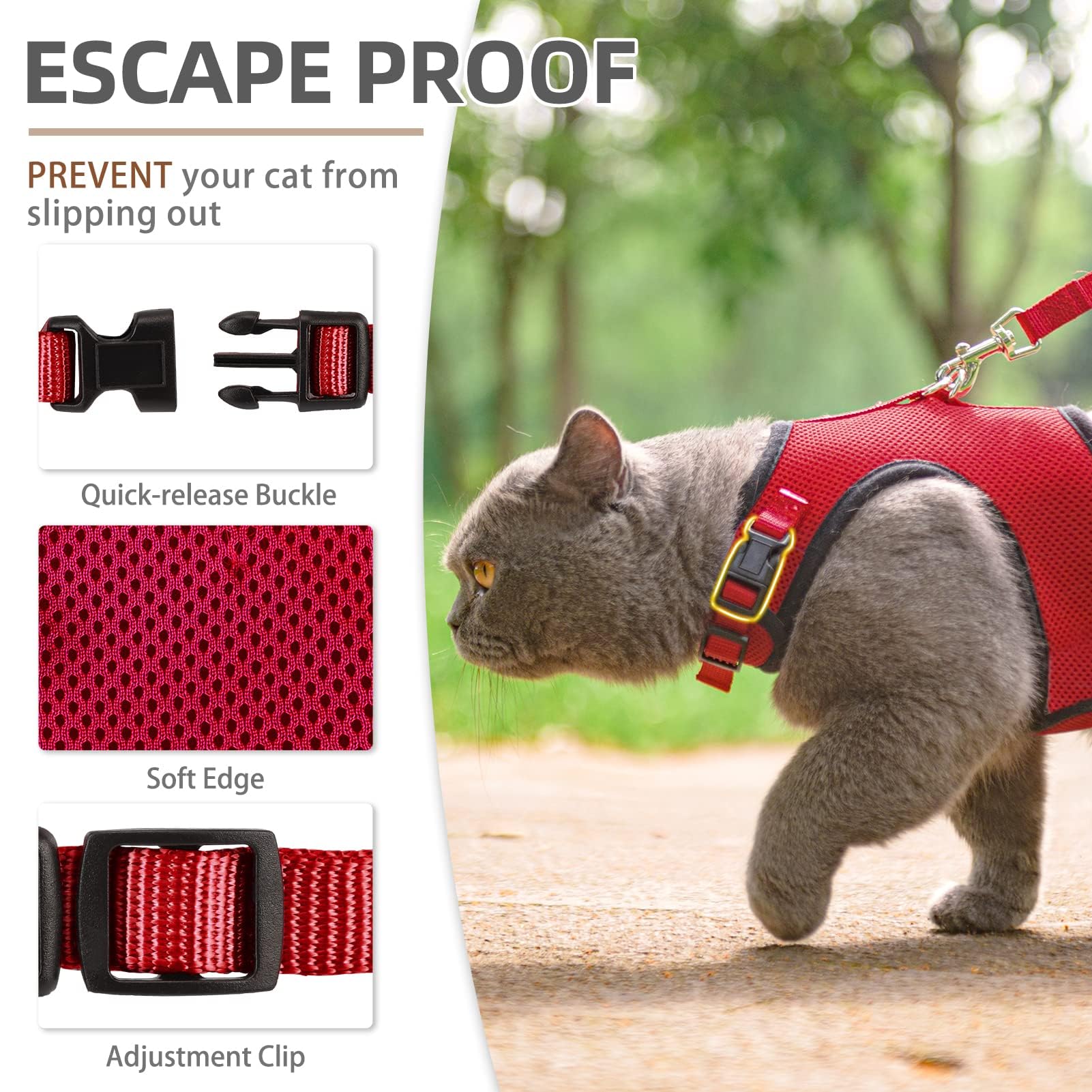 Pupteck Soft Mesh Cat Vest Harness And Leash Set Puppy Padded Pet Harnesses Escape Proof For Cats Small Dogs, Red Medium