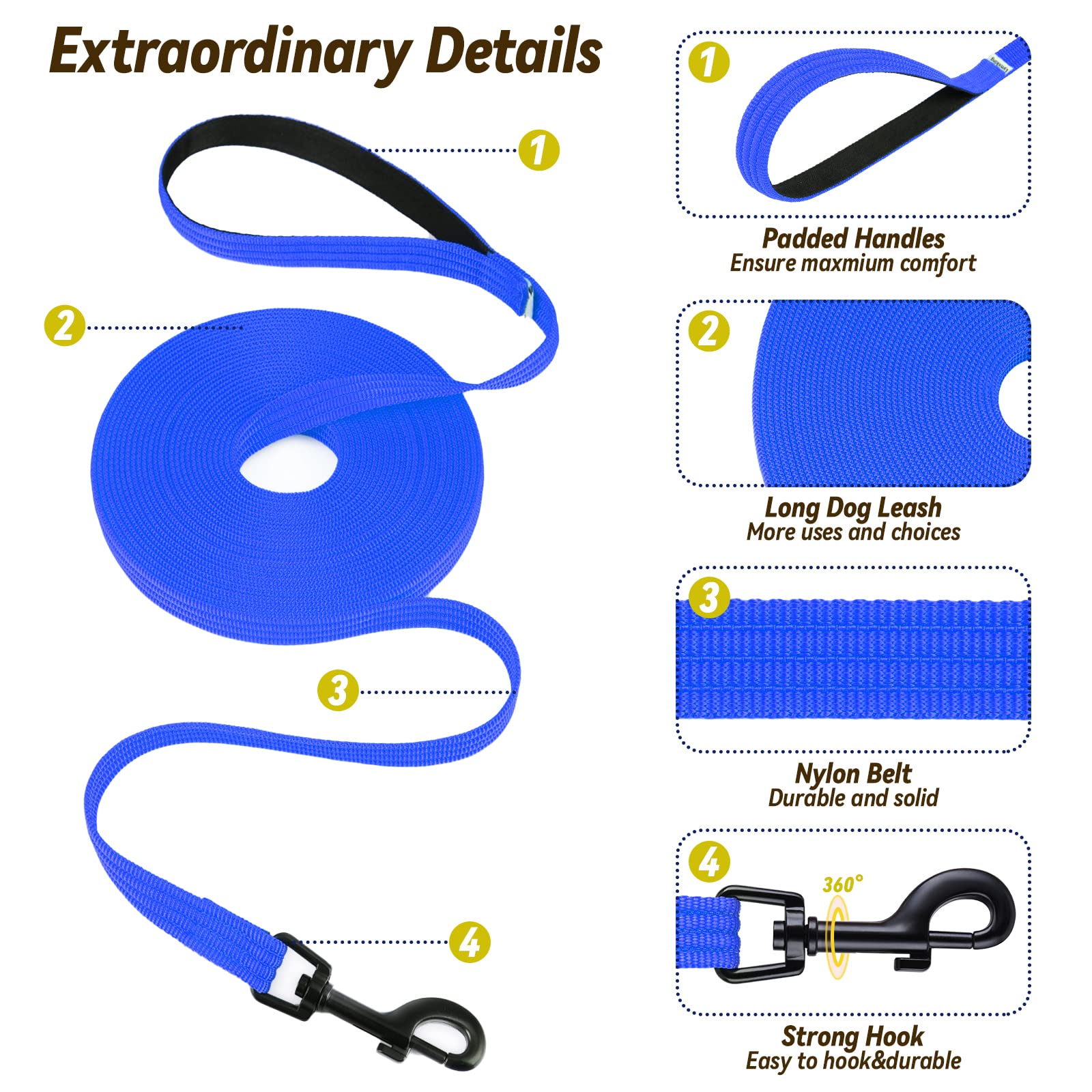 Lynxking Dog Training Leash Long Obedience Recall Agility Leash 15Ft 30Ft 50Ft Tracking Lead Perfect For Training Play Camping A