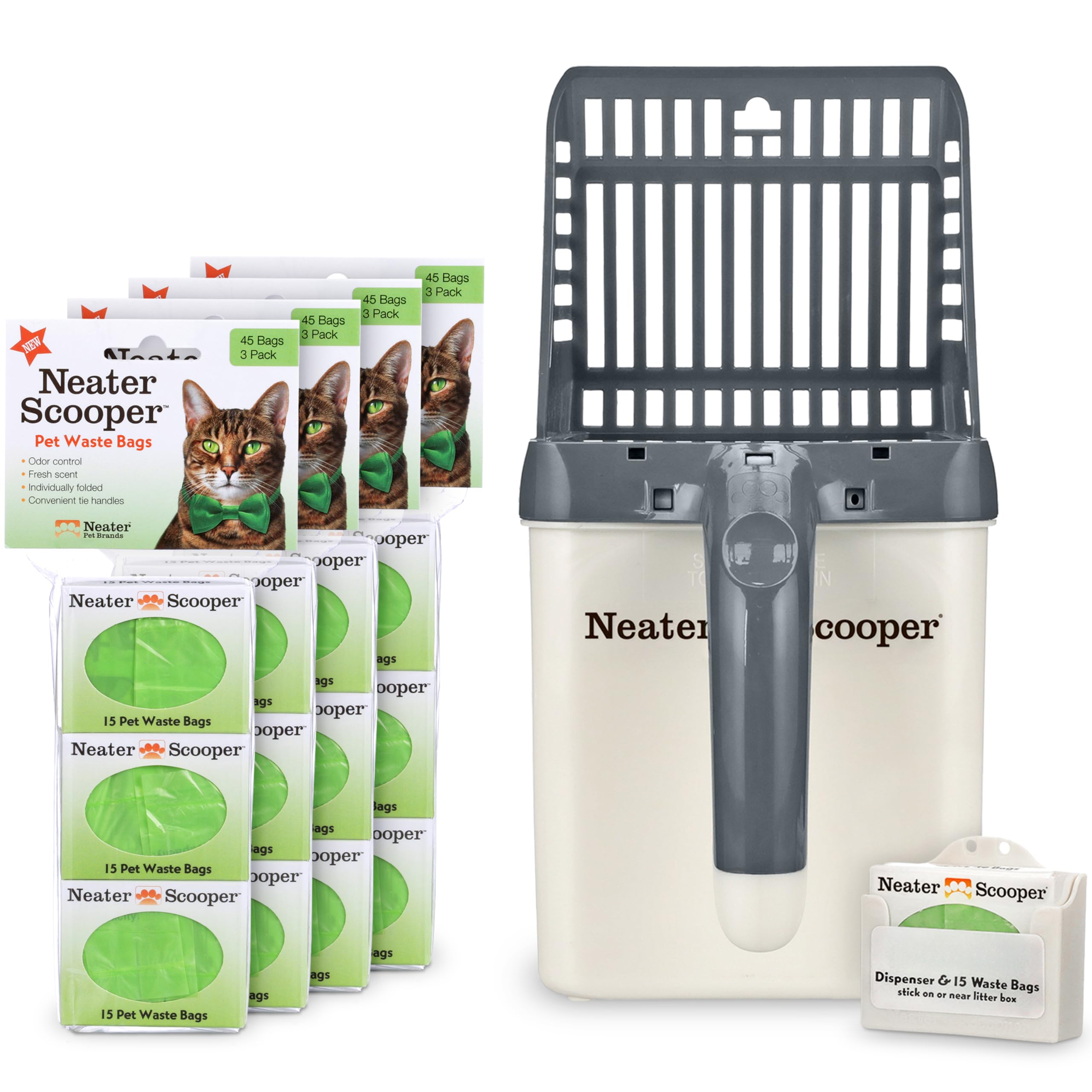 Neater Pets Neater Scooper Standard Cat Litter Scoop, 195 Refill Bags - Mess-Free Cat Litter Scooper With Bag, Spill-Proof Kitty
