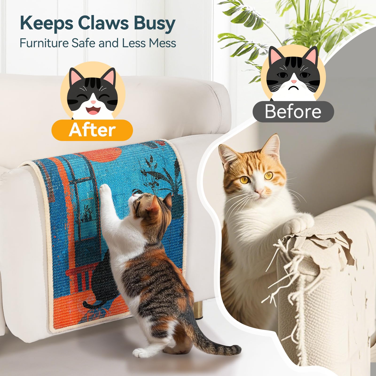 3-In-1 Sisal Cat Scratcher Mat 23.6X15.7'' - Floor & Wall Use With Sticker Tape, Protects Furniture, Couch & Carpet, Anti-Slip,