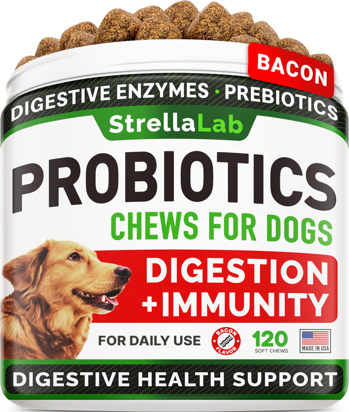 Dog Probiotics Treats For Picky Eaters - Digestive Enzymes + Prebiotics - Chewable Fiber Supplement - Allergy, Diarrhea, Gas, Constipation, Upset Stomach Relief - Improve Digestion, Immunity