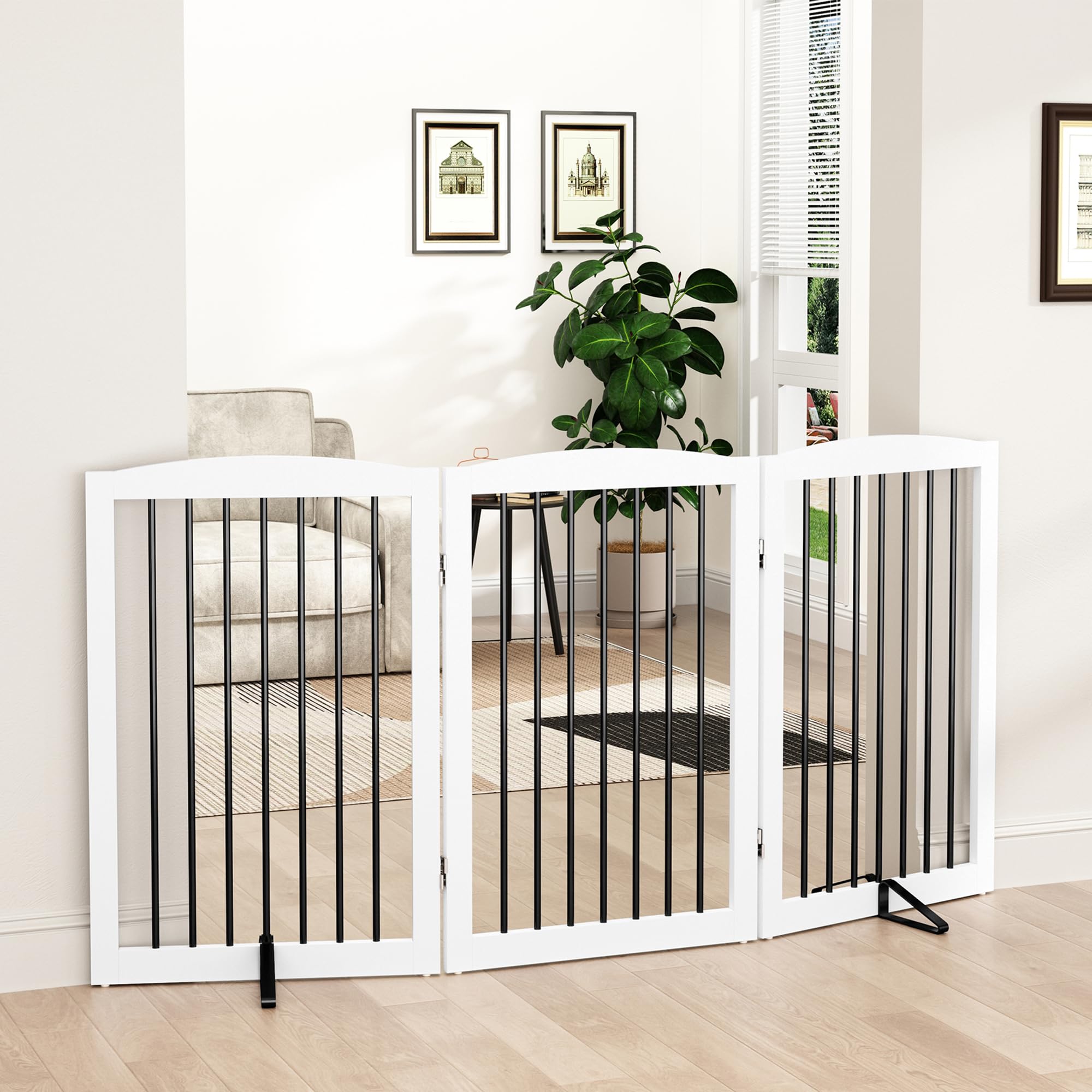 PUPETPO Freestanding Pet Gate for Dogs, Foldable Wooden Dog Gate for House Indoor, Tall Pet Fence for Stair, Doorway,Hall, Suppo