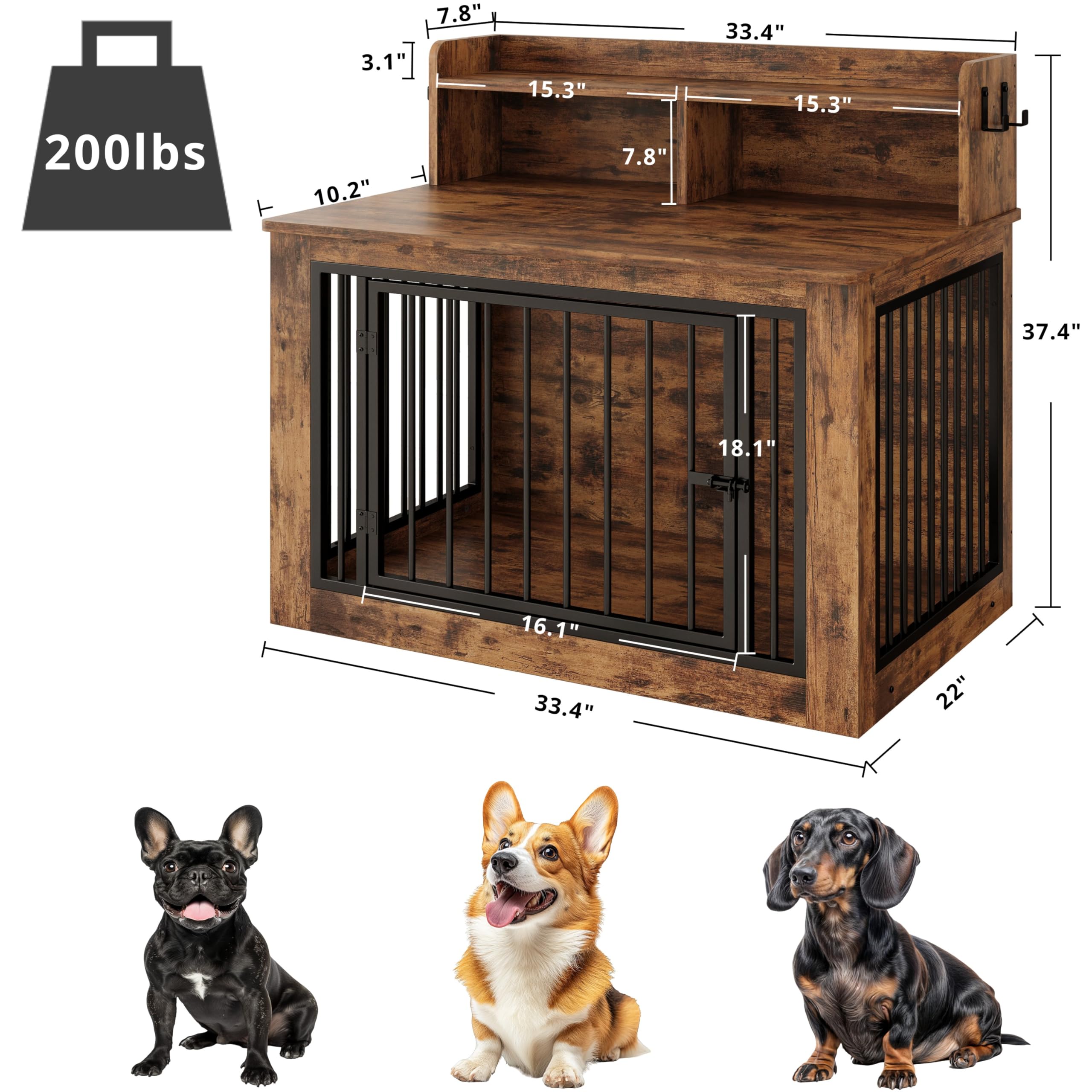 IRONCK Wooden Dog Crate Furniture with Storage, Heavy Duty Pet Cage for Small Dogs, 33.4" L x 19.3" W x 37.4" H, Brown,
