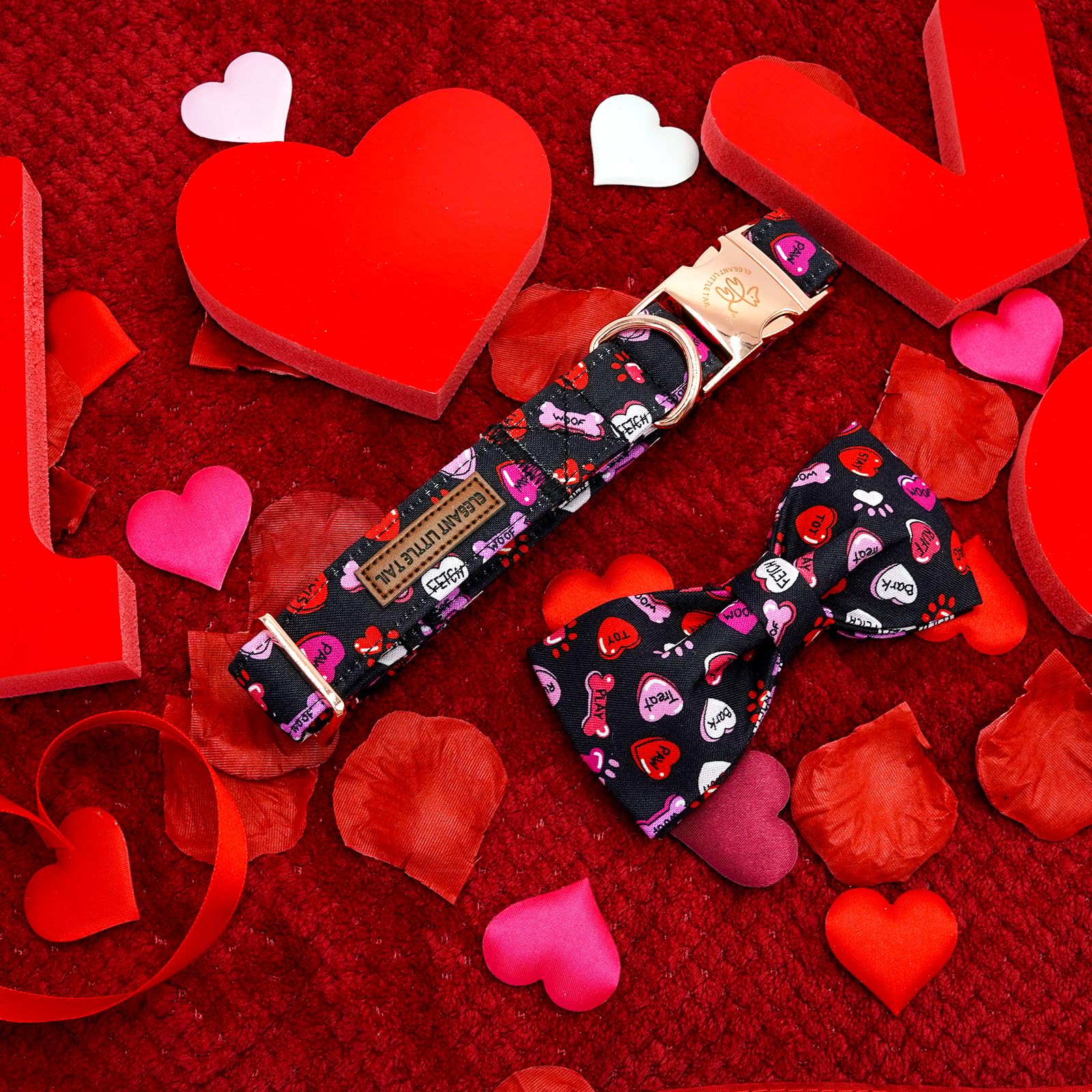 Elegant little tail Valentine's Dog Collar,Cute Heart Dog Collar with Bow for Large Dogs, Female or Male Adjustable Cotton Pet C