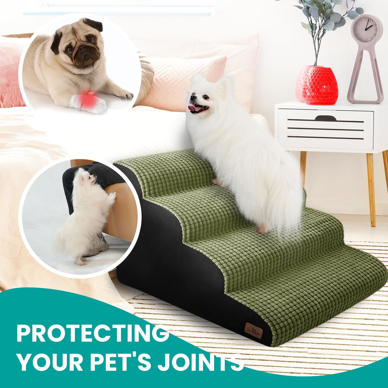 blunique Dog Stairs for Small Dogs, 20.5 in H 4 Step Curved Dog Ramp for High Bed and Couch, Foam Dog Ramp with Durable Non-Slip