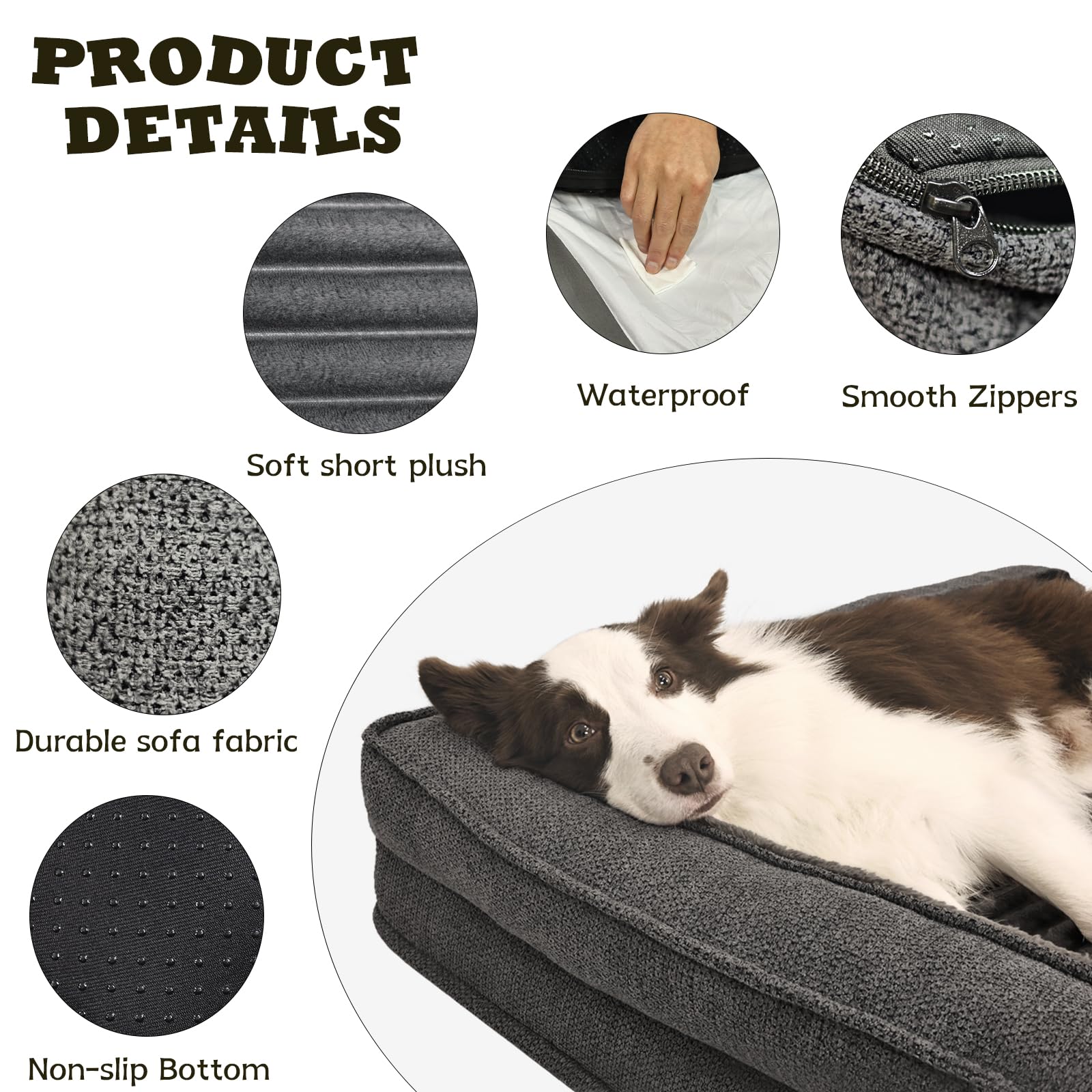 WINDRACING Orthopedic Dog Bed, Waterproof Egg Foam Sofa, 31"x25", Dark Gray, Medium Pets, Removable Cover, Non-Slip Bottom, Model ZZ-42#-US
