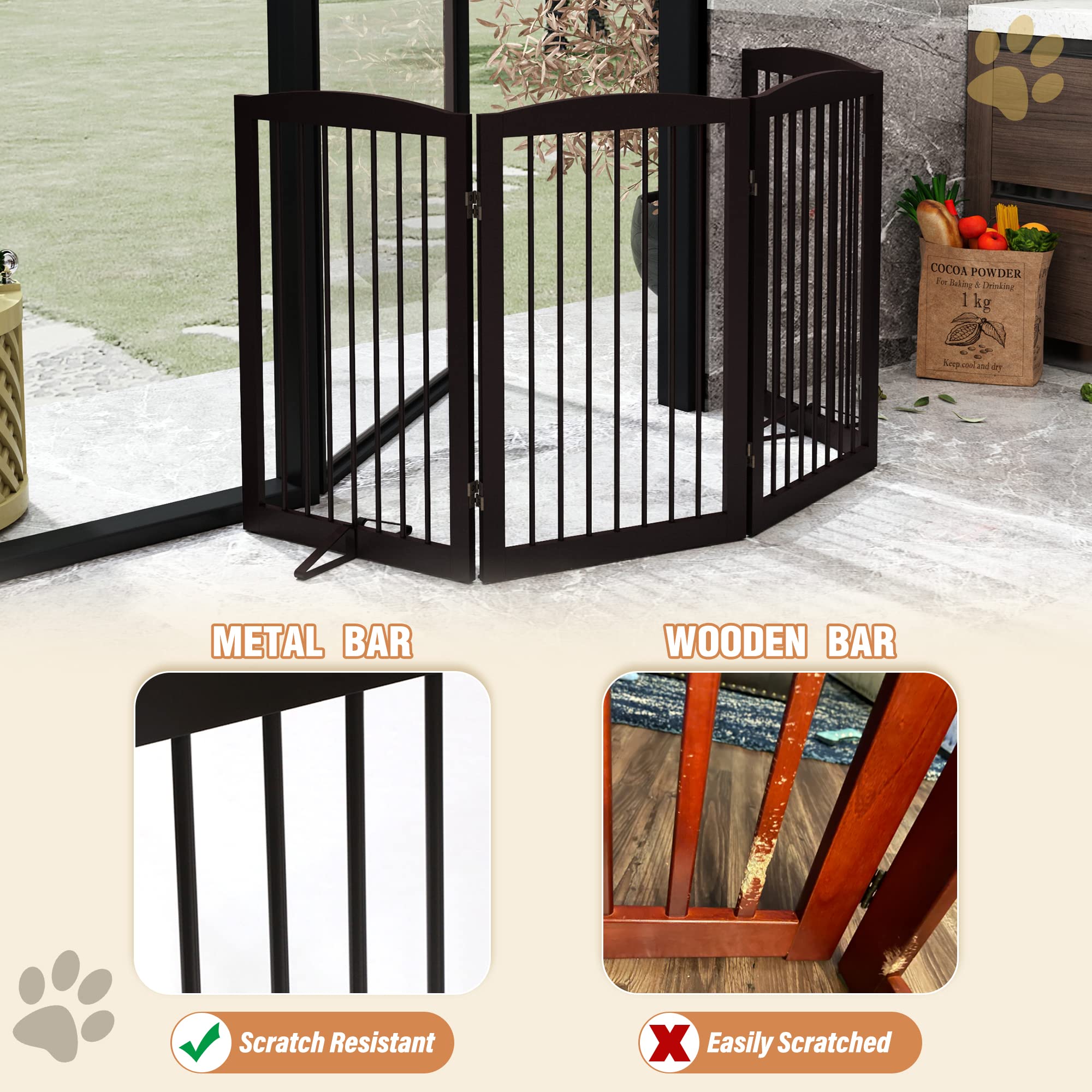 Pupetpo Freestanding Pet Gate For Dogs, Indoor Wooden Dog Gate For House, Foldable Dog Gate For Doorway, Stair,Hall, Step Over Pet Puppy Safety Fence Tall, 80 Inch Wide, 4 Panel 32',Brown