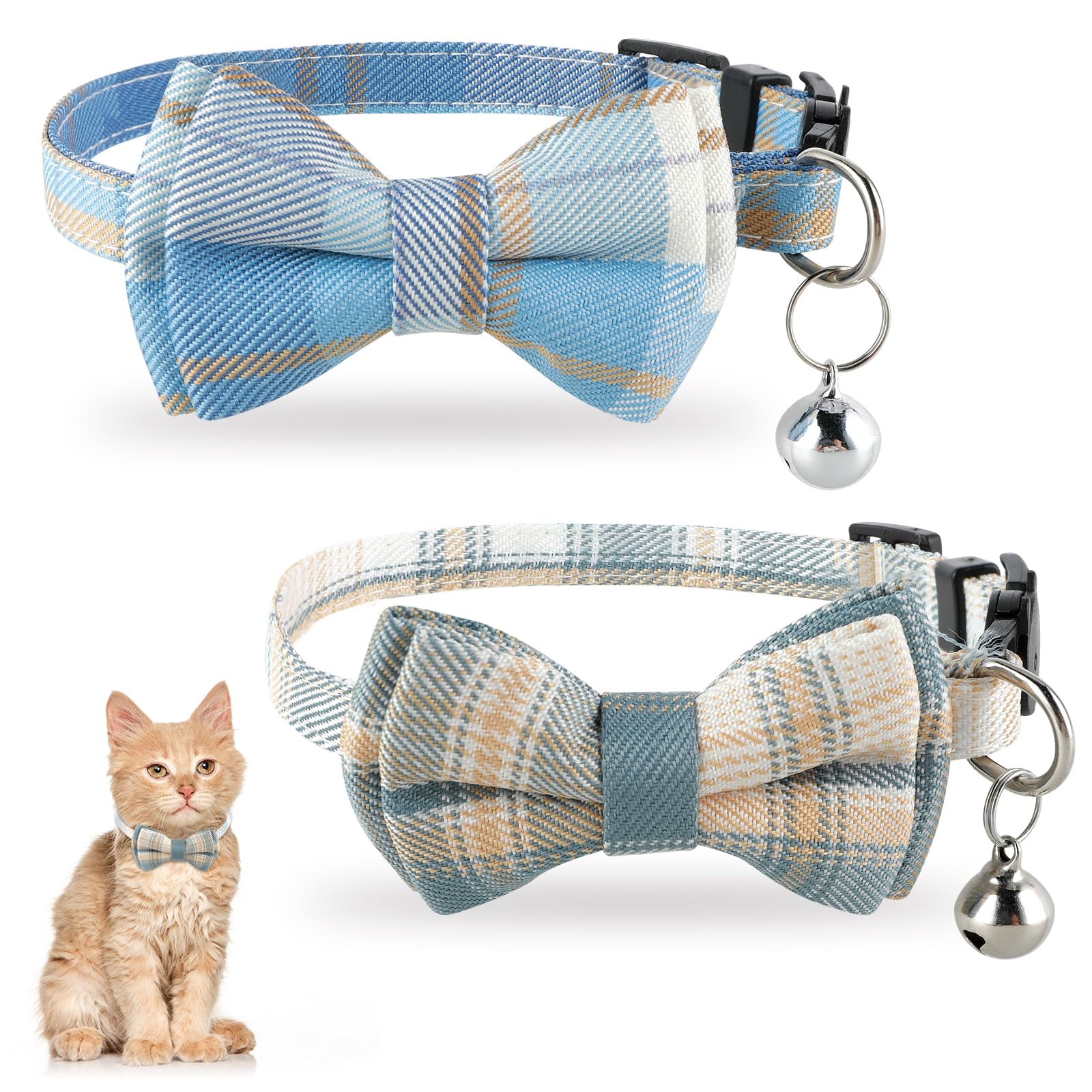 Jeffdad 2Pcs Cat Collar Breakaway, Cat Collar With Bells Bowtie Plaid Cat Collar Adjustable For Kitten Puppy And Small Pets (Blu