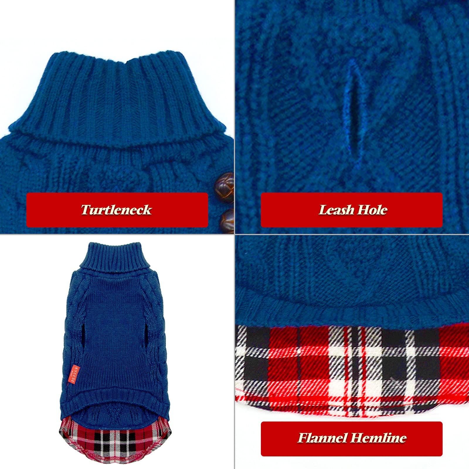 Kyeese Dog Sweaters For Small Dogs Navy Blue With Leash Hole Turtleneck Dog Pullover Sweater With Gingham Patchwork Knit Warm Puppy Sweater