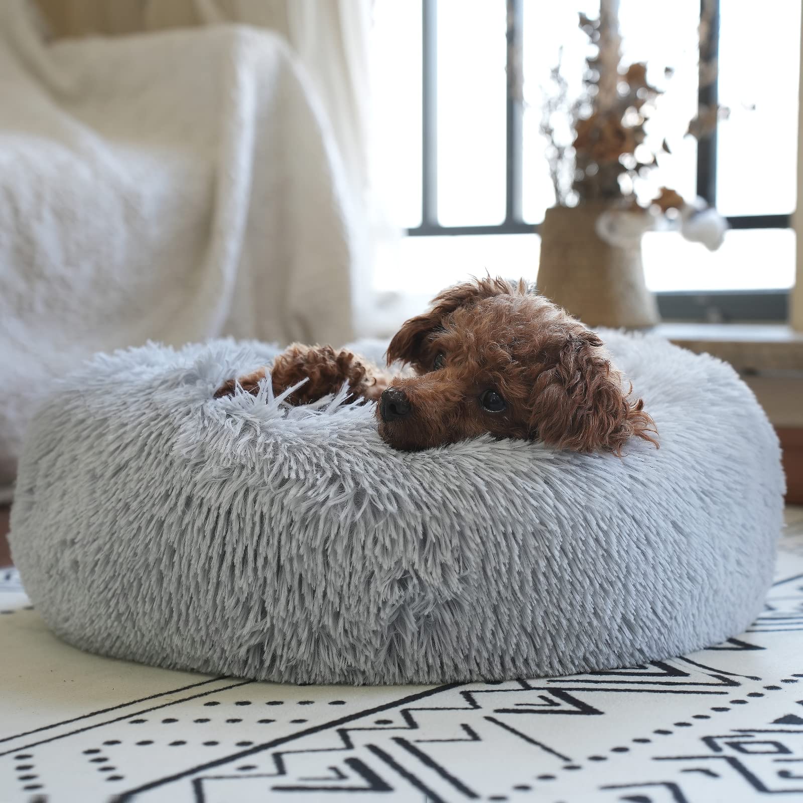 wrkfree Grey Tiny Dog Bed - Fluffy Washable Donut Design, Anti-Slip, XXS (15x15) for Puppies and Small Dogs