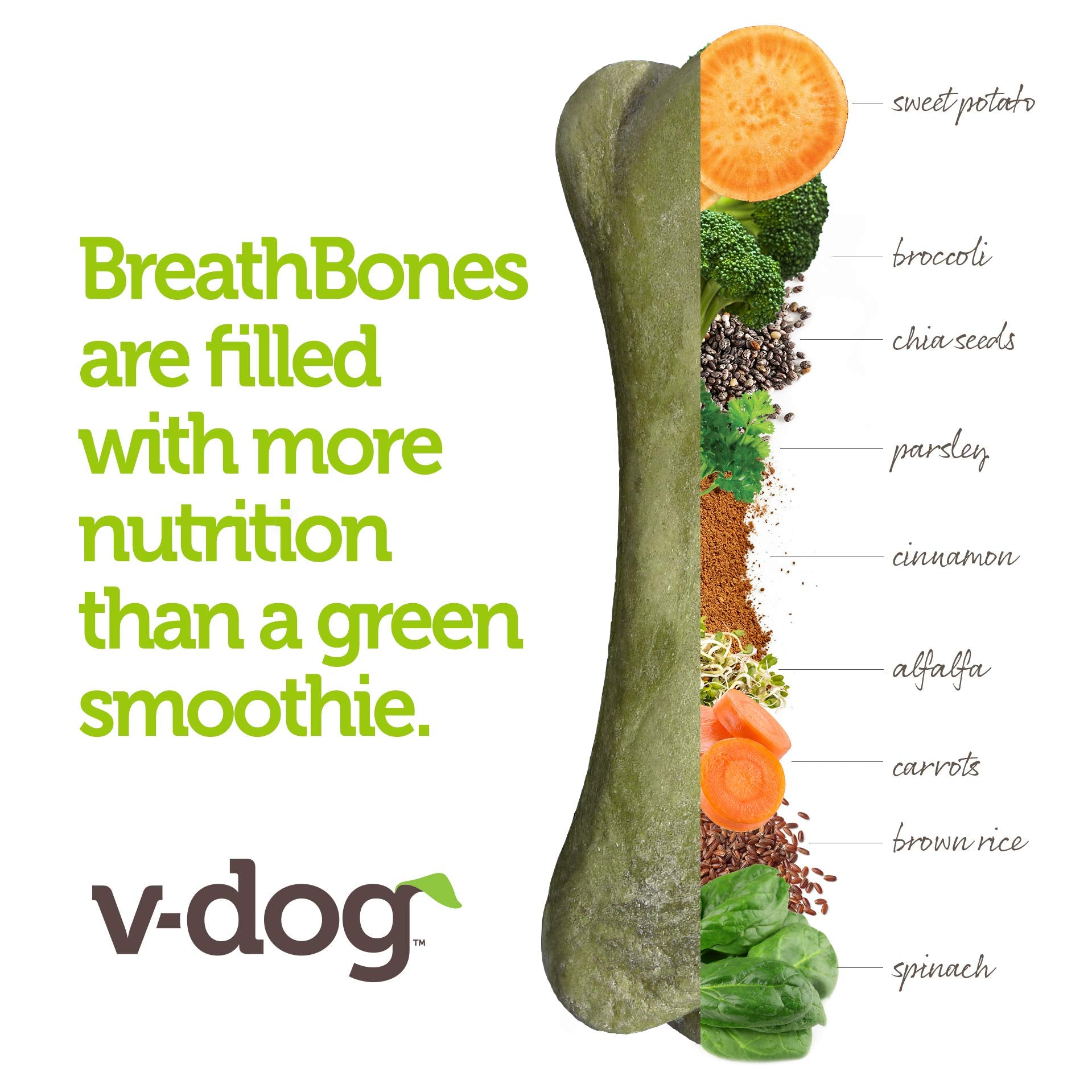 V-dog Dog Treats - Vegan Breathbone Teeth Cleaning Dental Dog Bones - Fresh Breath - 8 Ounces - All Natural - Made in USA - 6 Bo