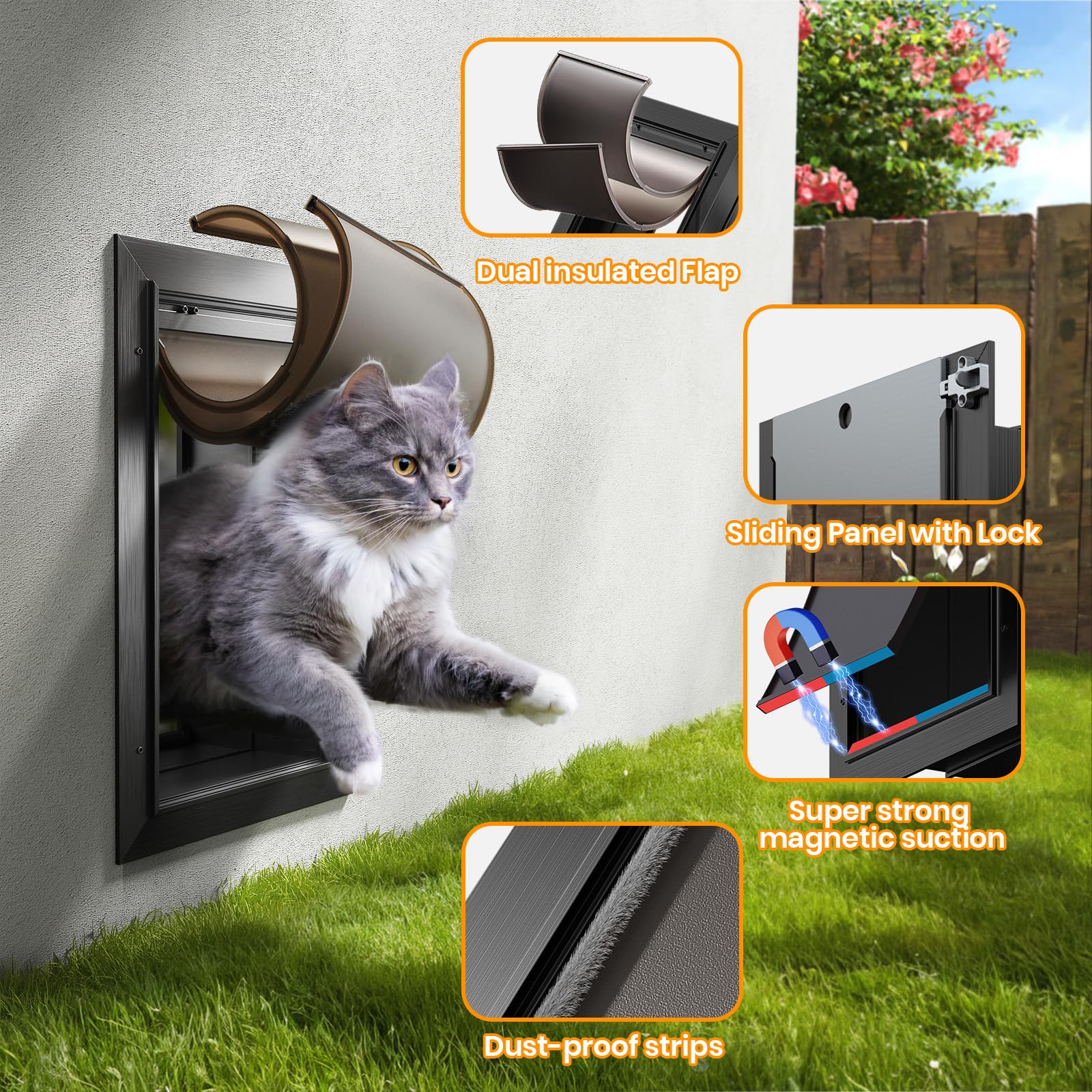 VOSOIR Cat Door for Wall, Black Aluminum Small Dog Door with Magnetic Flaps & Closing Panel, Energy Efficient, Telescoping Tunnel for Pets up to 22Lb