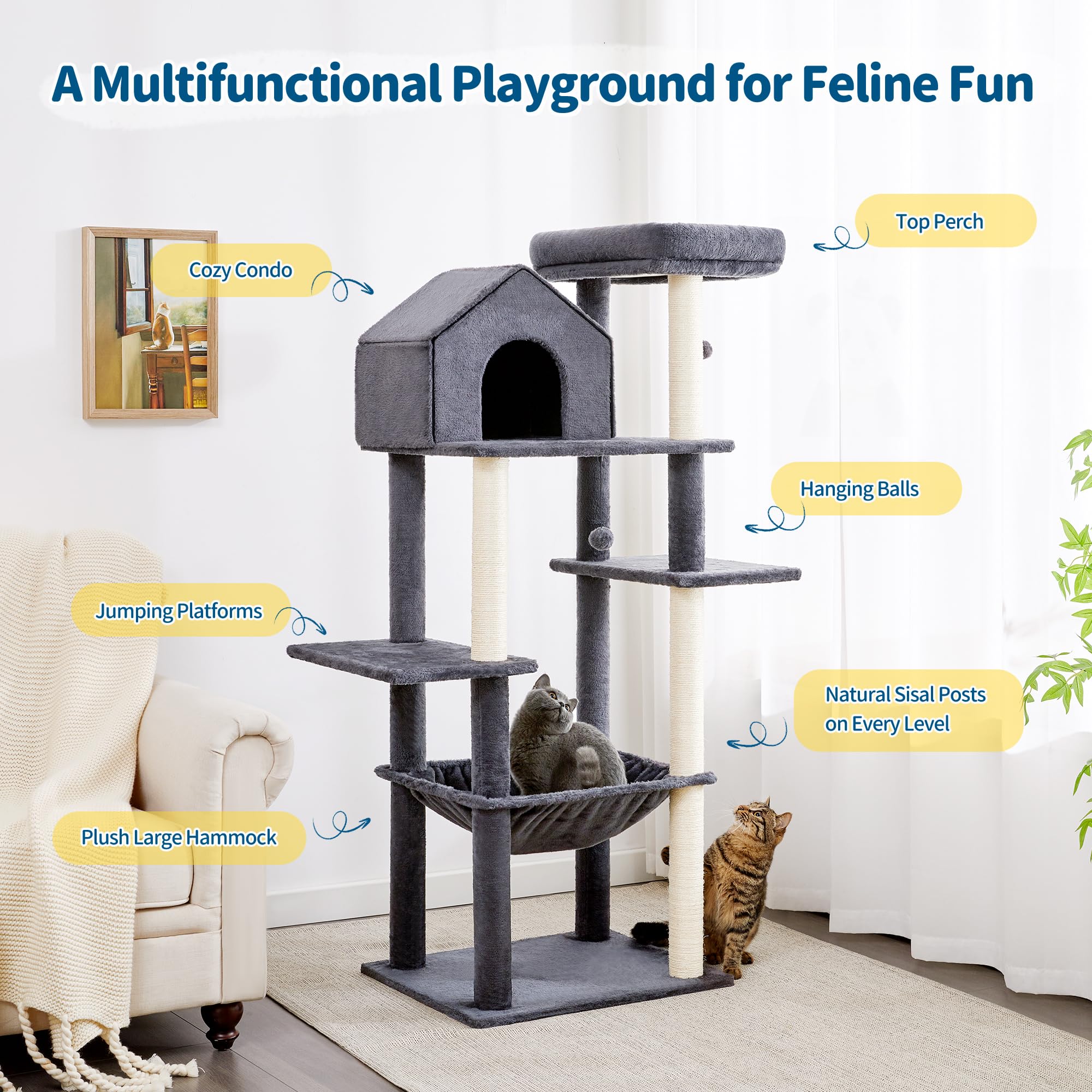 Made4Pets 60 Inch Cat Tower For Indoor Cats, Multi-Level Cat Tree With Plush Hammock, Cozy Cat House, Scratching Posts, Top Perc