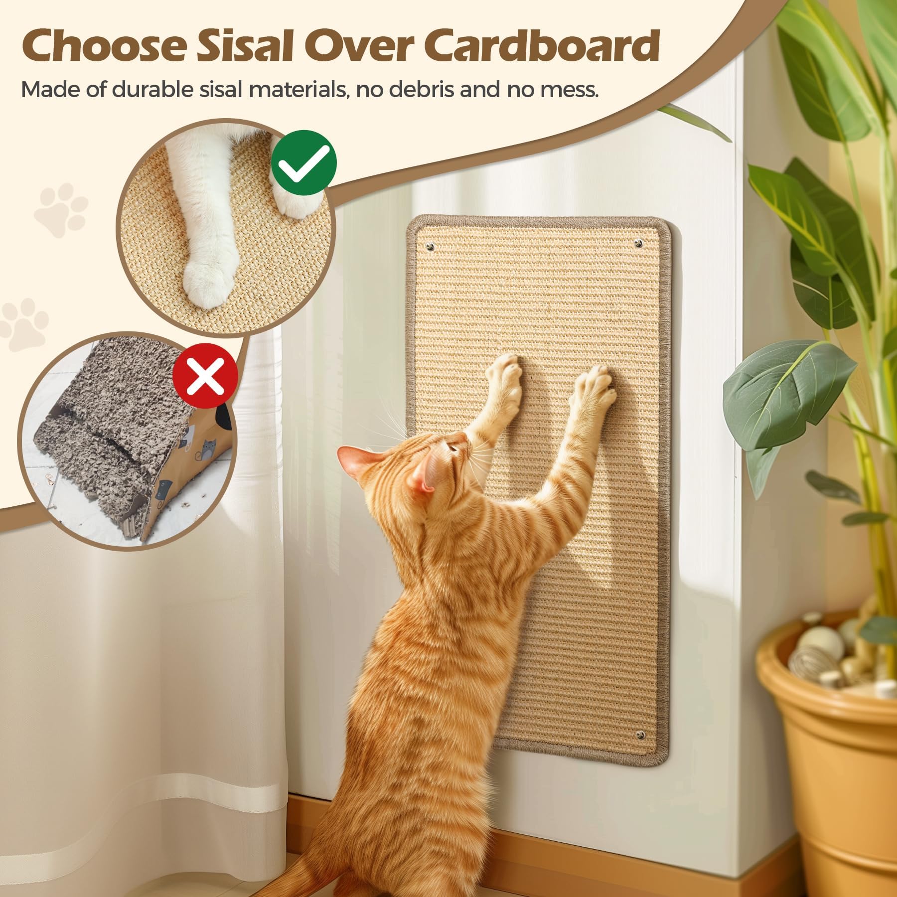 ComSaf Wall Cat Scratcher Mat - Sisal Cat Scratching Pad for Indoor Cats Kitten, Wall Floor Mount Natural Cat Scratch Mat with A