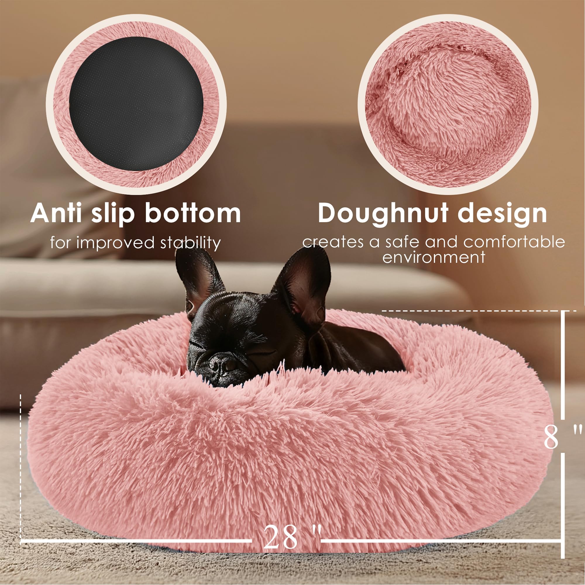 28in Large Dog Bed, Medium Size Dog and Cats, Calming Donut Bed for Puppy and Kitten, Washable Round Fluffy Pet Bed (Pink)