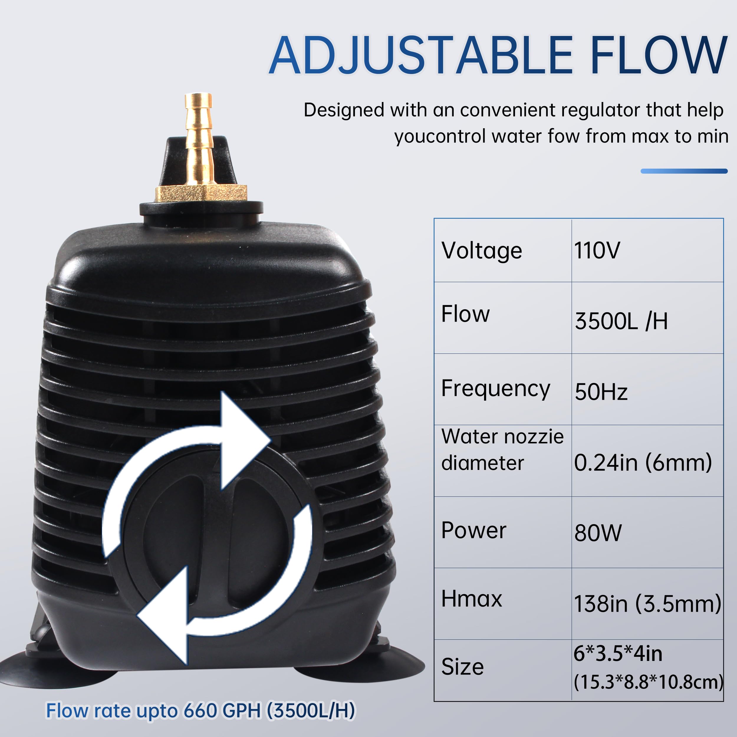 80W 110V Water Pump Flow 3500L/H Hmax 3.5M Dry Run Protetion Mutifuctional Submersible Pump For Cnc Spindle Motor, Miniature Foutains, Air-Conditioning Fan, Miniascape Foutain, Aquarium Fish Tank