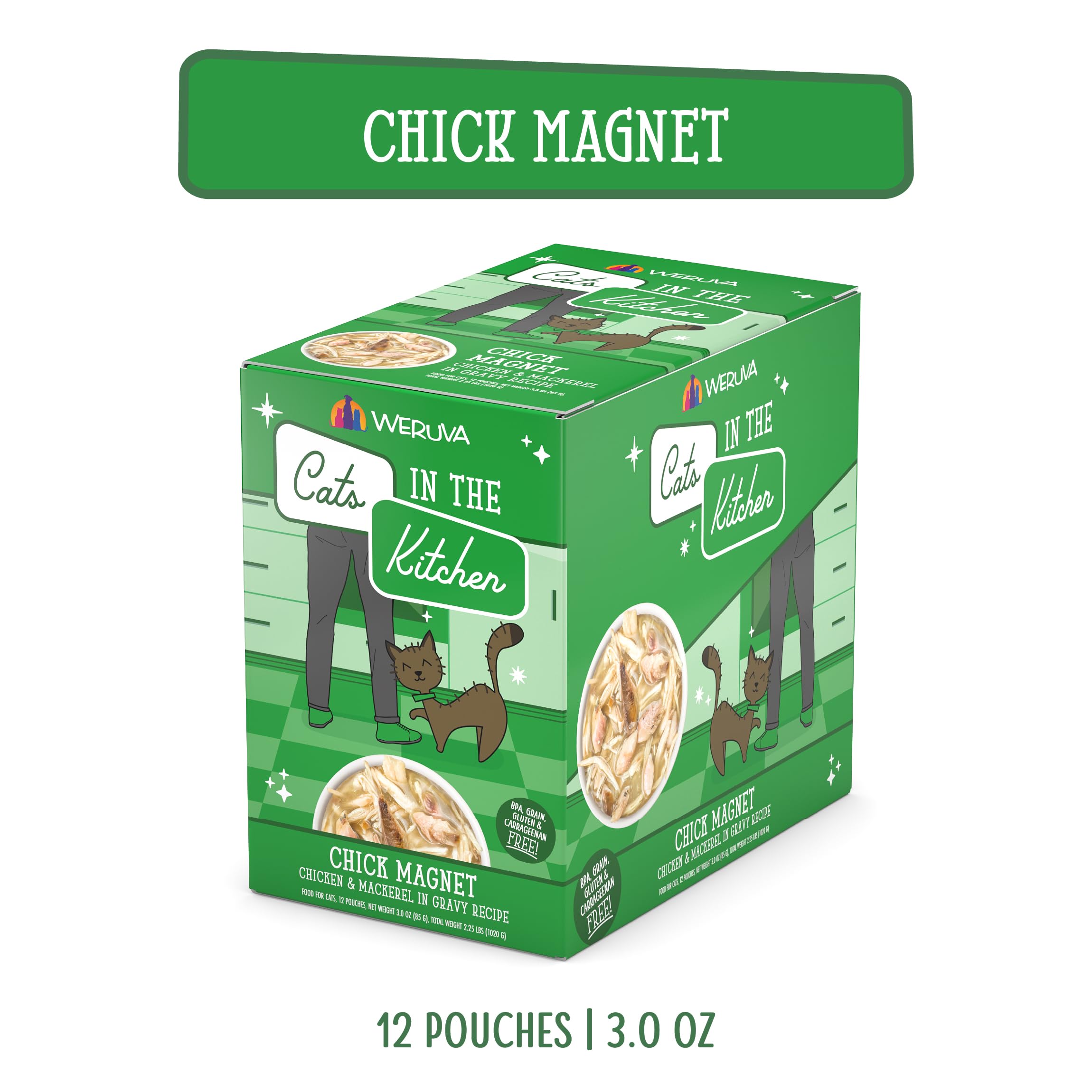 Weruva Cats in The Kitchen, Chick Magnet with Chicken & Mackerel in Gravy Cat Food, 3oz Pouch (Pack of 12)