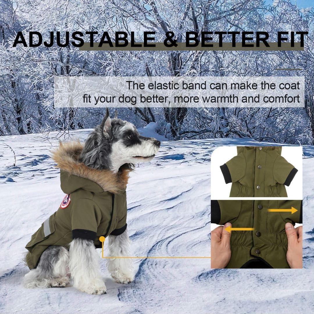 PINA Small Dog Coats - Waterproof & Windproof, Reflective Dog Jacket with Pocket, Warm Flannel Lining & Faux Fur Hood for Cold W