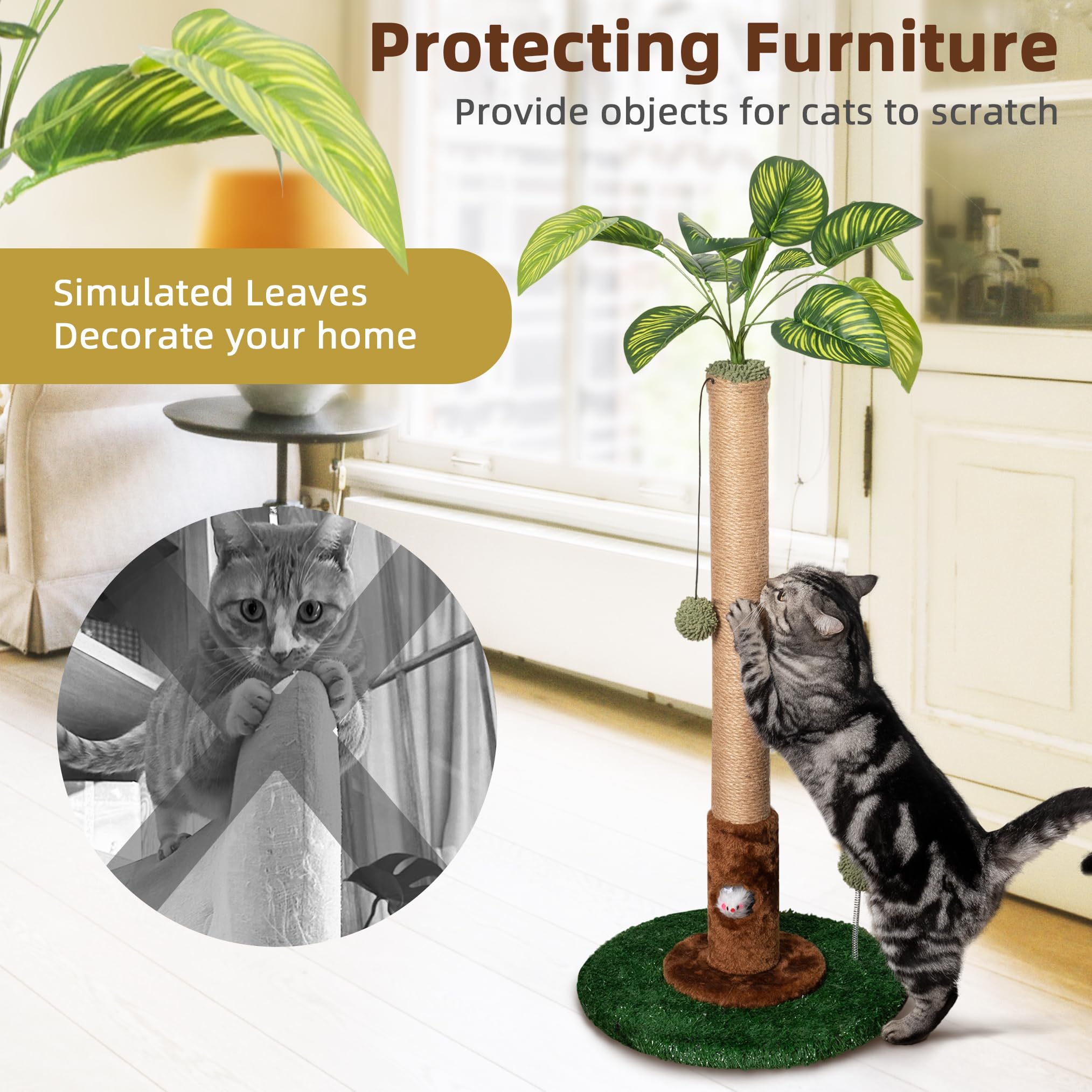 Meowoou Cat Scratching Post For Indoor Cats And Kitten, 35    Tall Monstera Cat Scratching Post With Sisal Hanging Interactive B