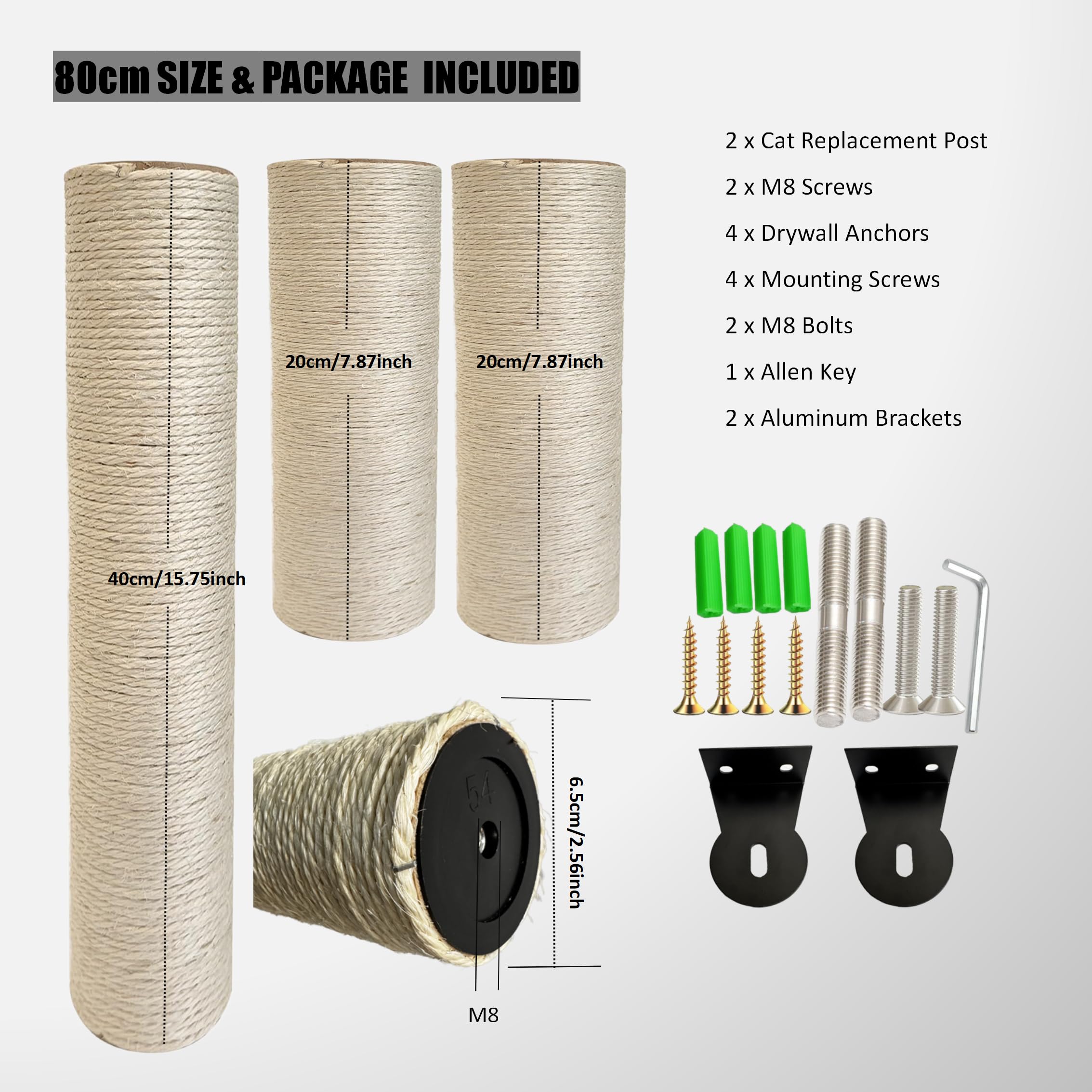 Cat Scratch Post To The Wall, 31.5Inch (7.87In*2+15.7In) Sisal Pole Cat Tree Replacement Post With M8 Screws, Indoor Cat Tower S