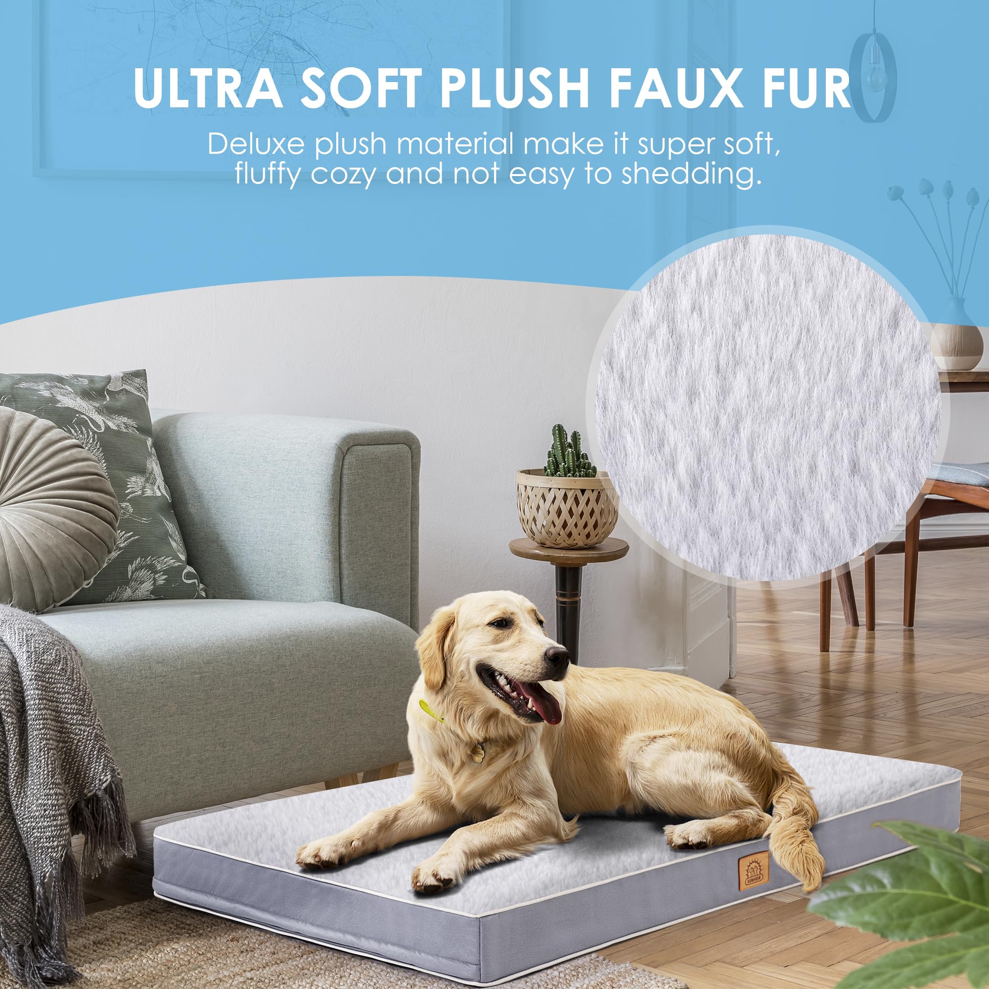 Sunheir Orthopedic Dog Bed For Extra Large Dogs, Jumbo Waterproof Deluxe Plush Dog Crate Bed With Removable Washable Cover & Anti-Slip Bottom, Egg Crate Foam Pet Bed Mat, 47 X 29 Inches, Silver Grey