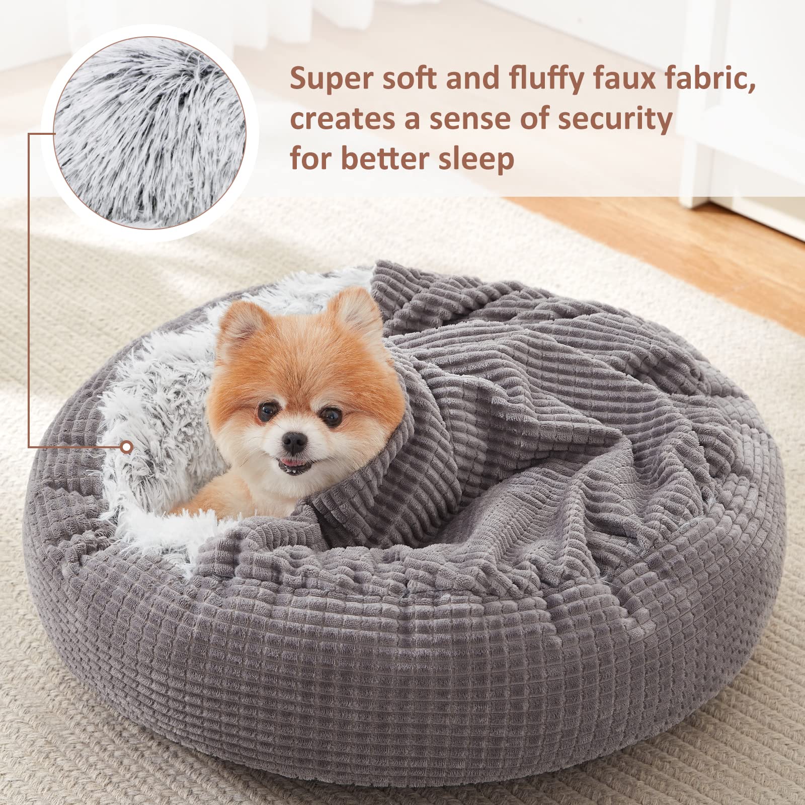 Mixjoy Small Dog Bed With Blanket, Round Calming Cozy Cave For Puppies, Soft Plush Cuddler, Anti-Slip Bottom, 23Inch