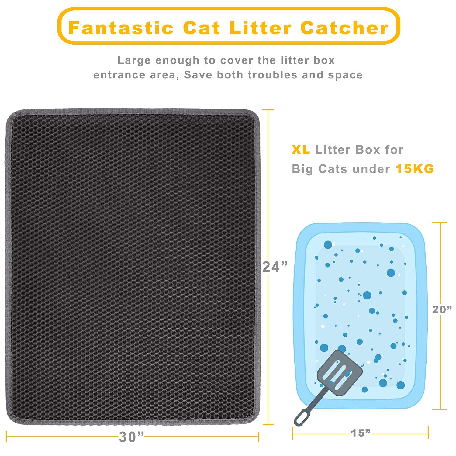 Cat Litter Mat Grey Trapping For Litter Box, Xl Jumbo 30 X 24 In, Urine & Waterproof, Honeycomb Double Layer Anti Tracking Kitty