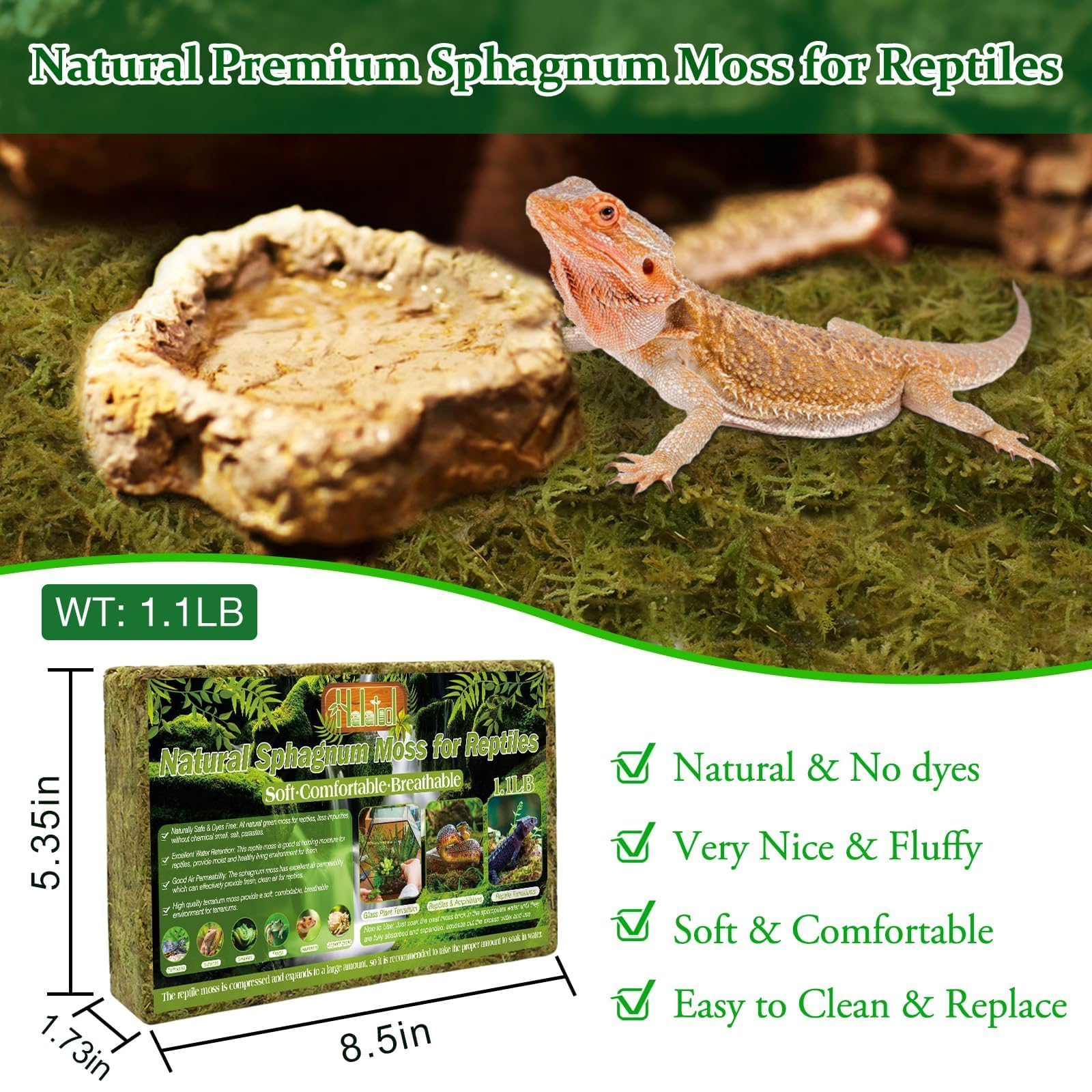 Halatool 1.1Lb Natural Sphagnum Moss For Reptiles- 25Qt Green Live Moss For Terrarium Plants Long Fiber Reptile Moss For Leopard