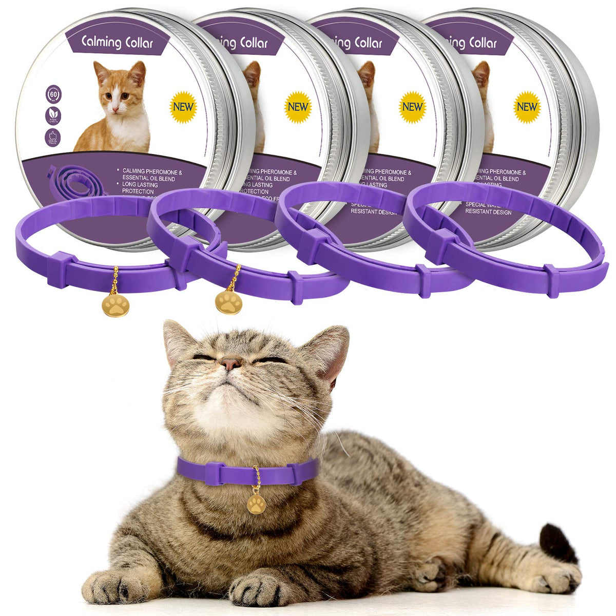 4 Pcs Calming Cats Collar Adjustable Cat Calm Collar Lavender Scent Relaxing Cat Collar With 2 Pendant For Puppies Cats Reduce Stress Aggression Anxious, Up To 15 Inches (Purple, Gold)