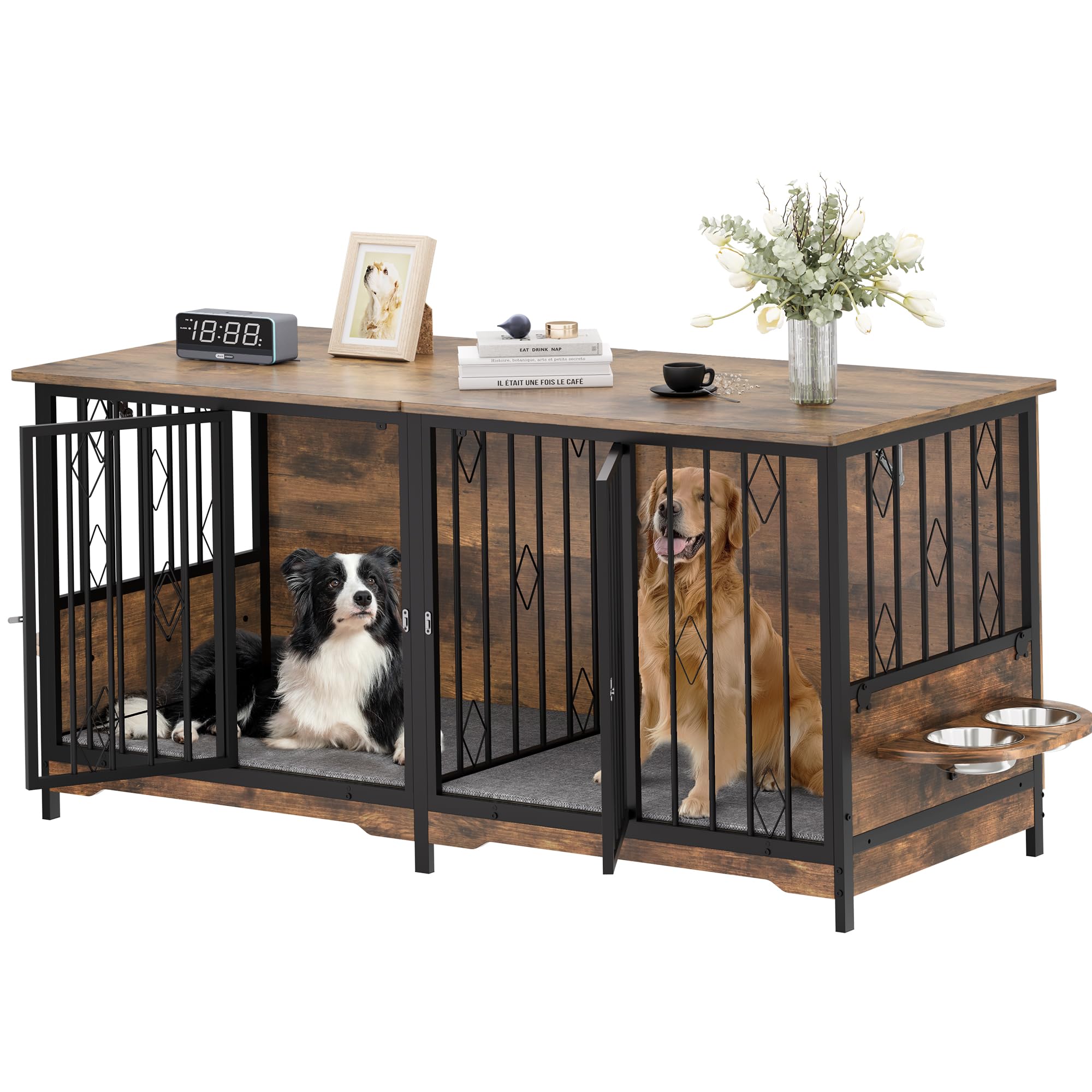 YITAHOME Large Wooden Dog Crate Furniture, 71" with Divider, Flip-Top, 4 Bowls, 2 Cushions, Brown, for Medium to Large Dogs