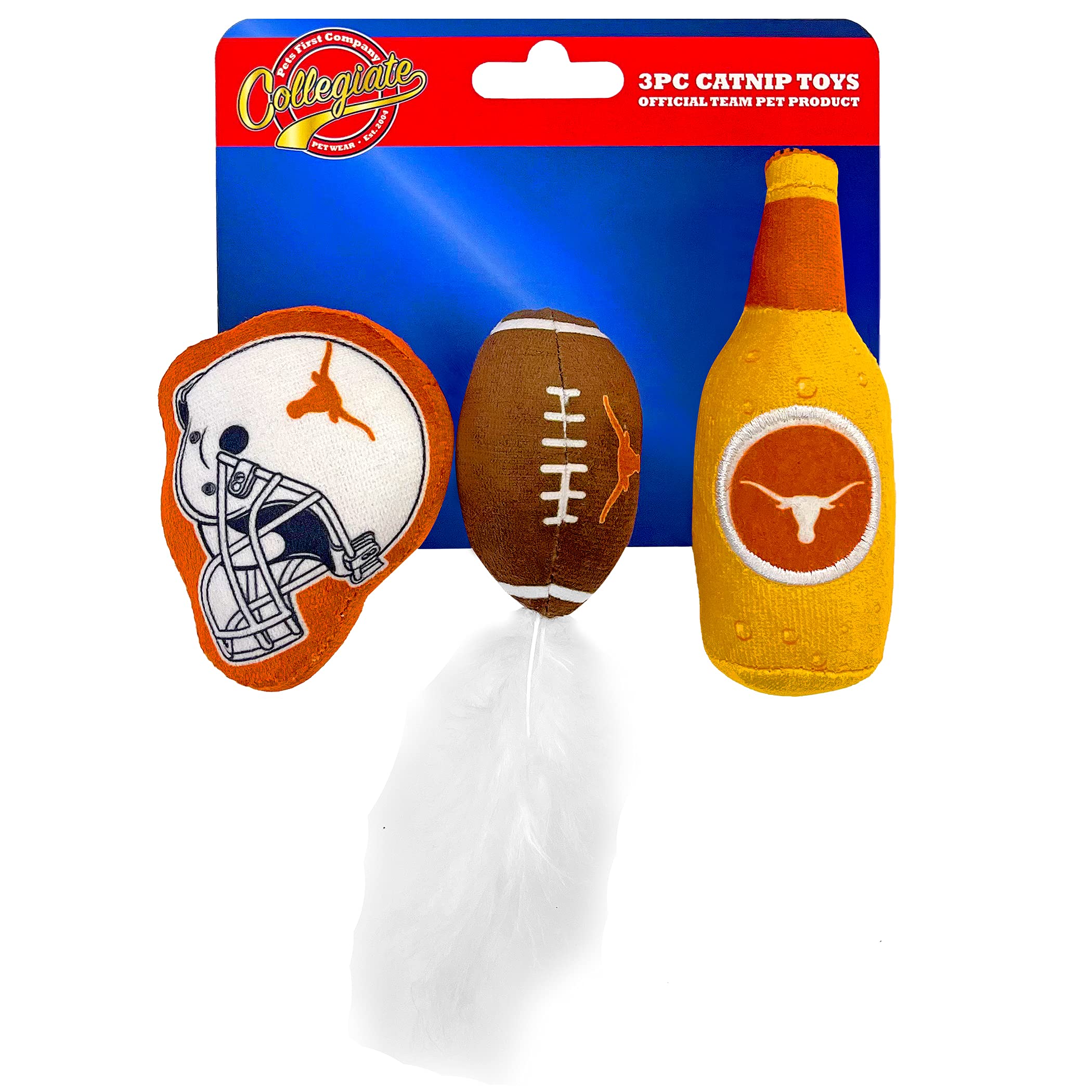 Best Plush Cat Toy - Ncaa Texas Longhorns Complete Set Of 3 Piece Cat Toys Filled With Fresh Catnip. Includes: 1 Helmet Cat Toy, 1 Football Cat Toy With Feathers & 1 Beer Bottle. Beautiful Team Logos