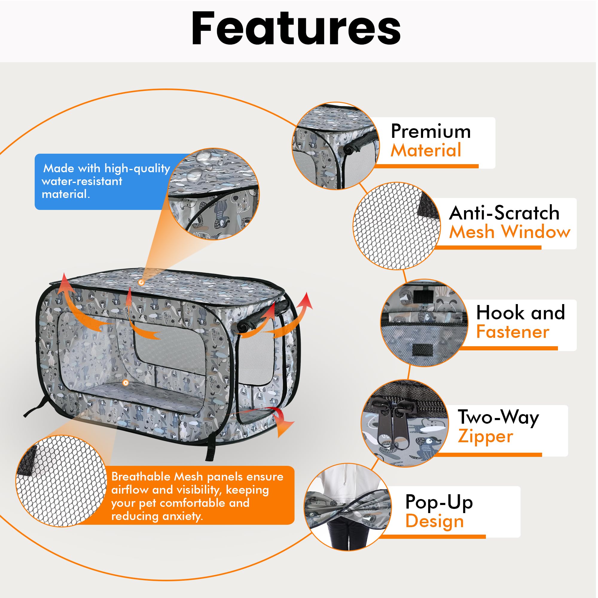 Beatrice Home Fashions Portable Pop Up Kennel Crate, 32.5"L x 19.5"W x 19.5"H, Polyester, Tail Waggers Color, Model PR