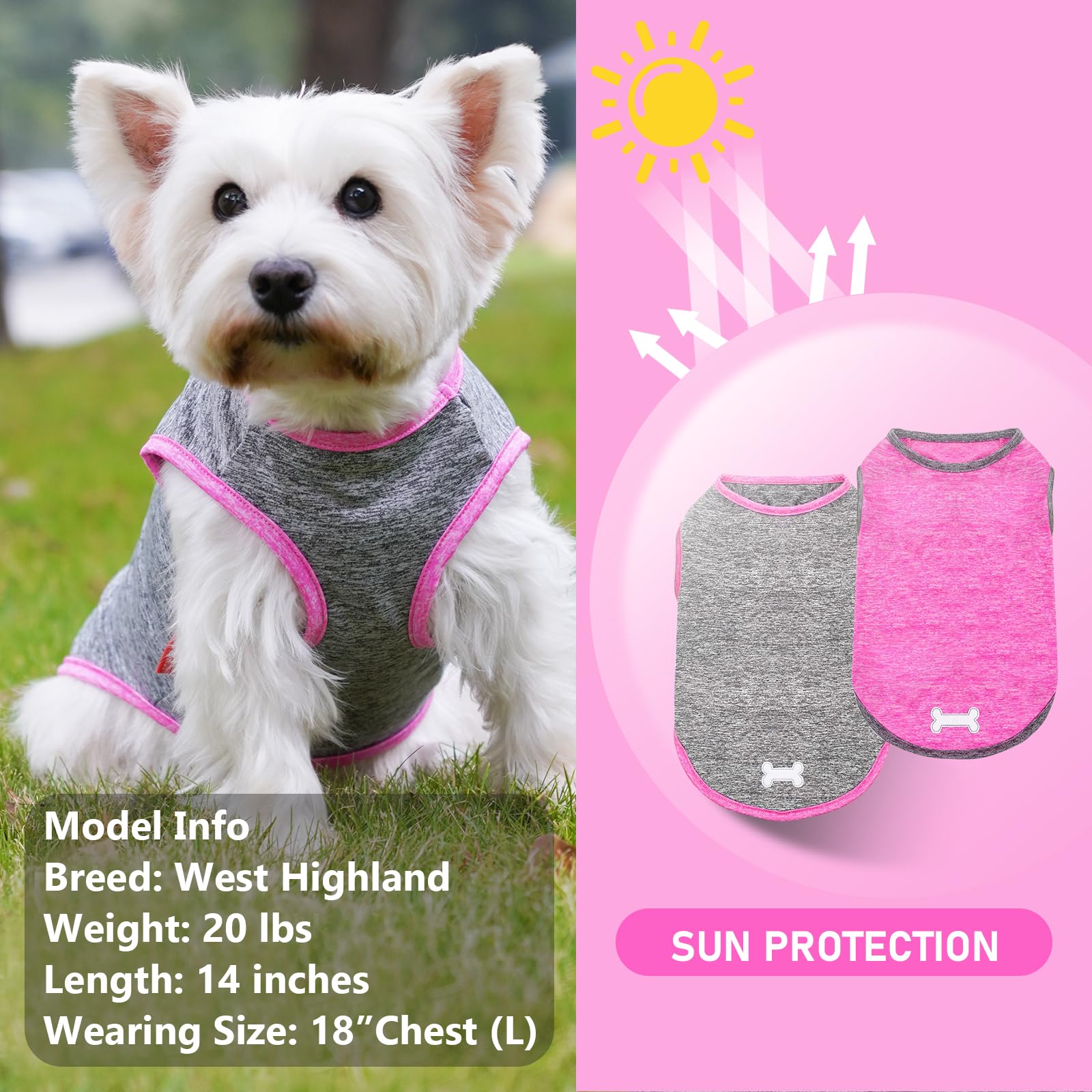 Kyeese 2 Pack Dog Shirts Quick Dry Soft Stretchy Dog T-Shirts With Reflective Label Tank Top Sun Protection Sleeveless Vest Pet