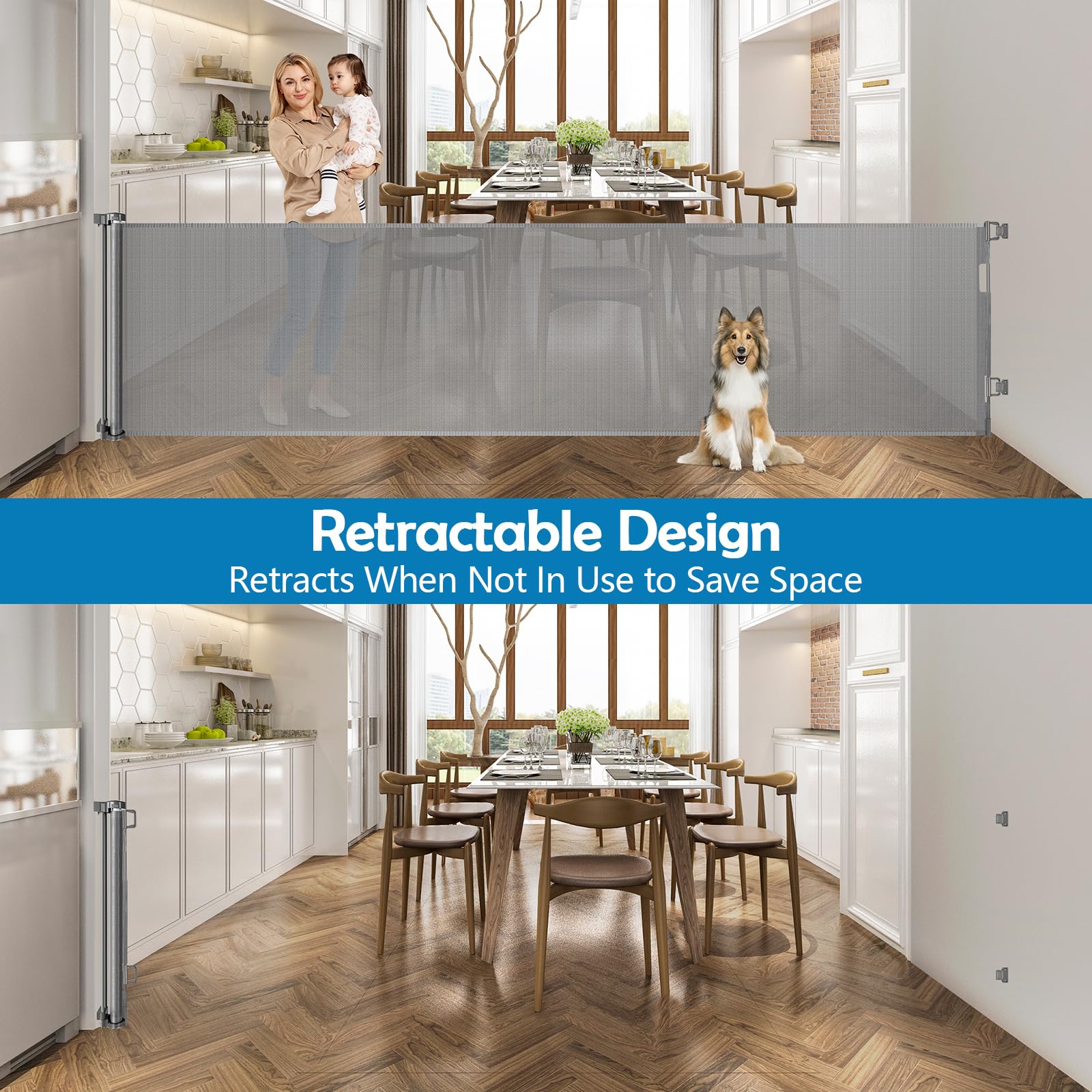 90 Inch Extra Long Baby Gate Retractable Dog Gate Outdoor Gates for Decks Indoor Child Gates for Wide Openings Extra Wide Retrac