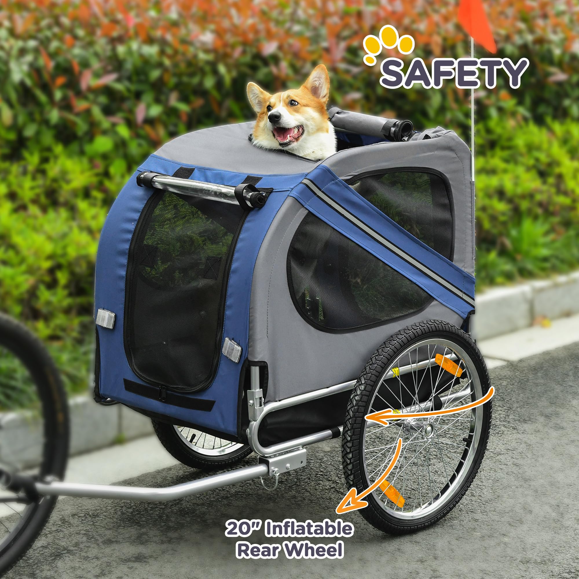 Aosom Dog Bike Trailer Pet Cart Bicycle Wagon Cargo Carrier Attachment For Travel With 3 Entrances Large Wheels For Off-Road & Mesh Screen - Blue/Grey