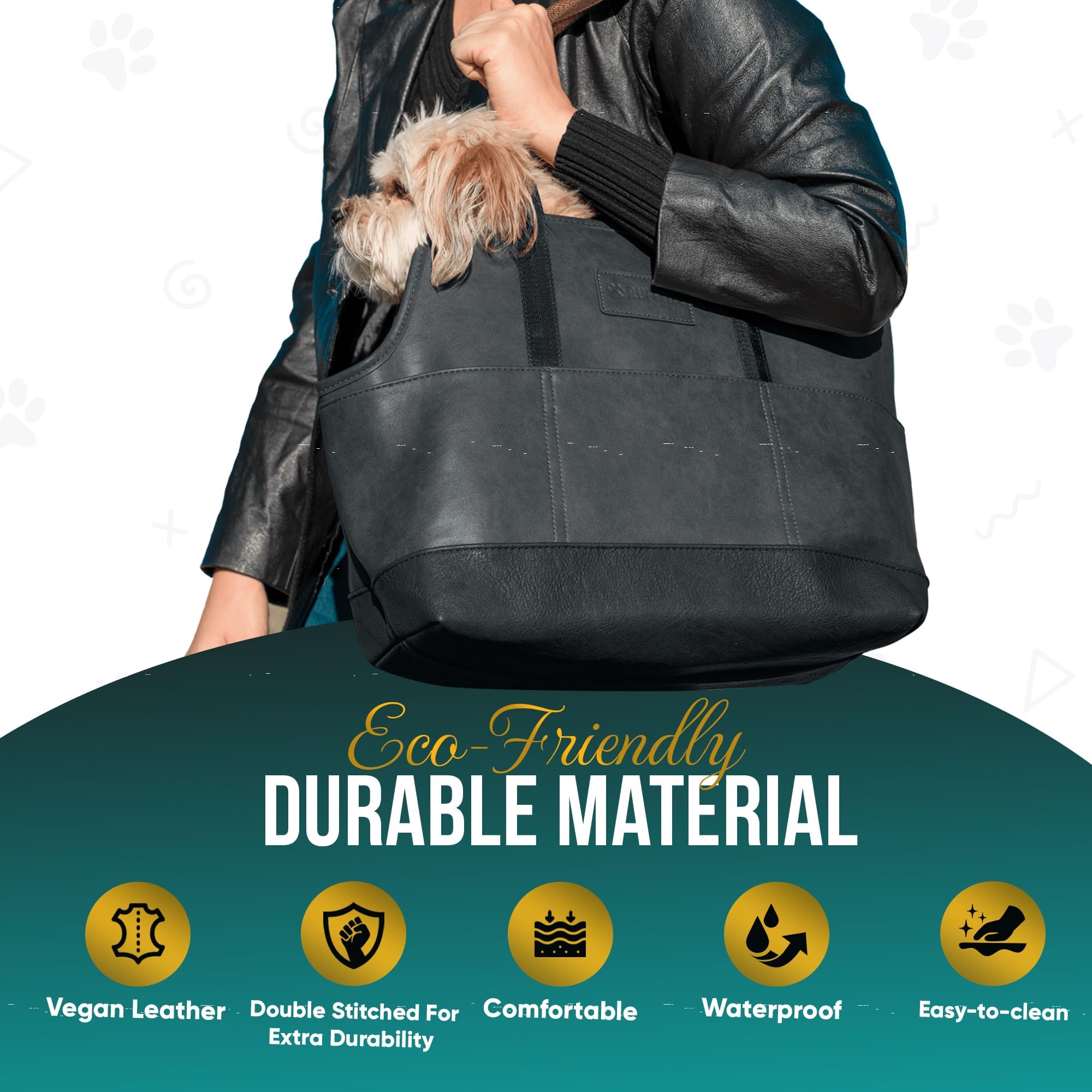 Noblepup Luxury Dog Purse Carrier - Black Faux Leather Pet Carrier, Secure Harness Clip, Tote Bag For Small Dogs And Puppies